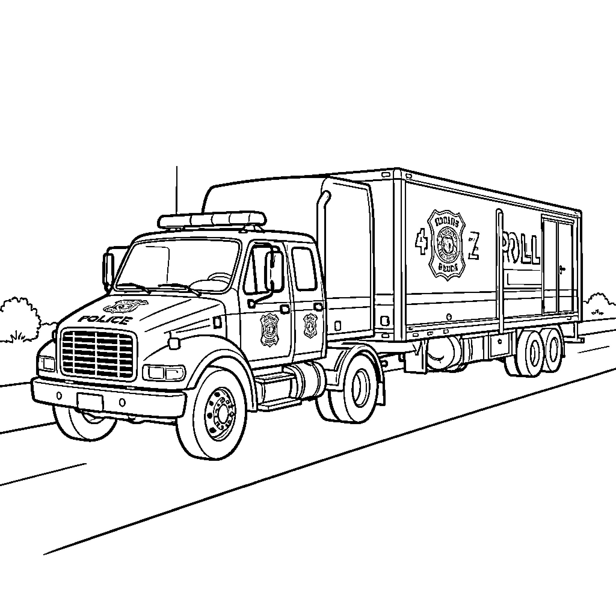 Police Truck driving along a long road Coloring Page (free black-and-white line drawing printable PDF for all, from beginners to advanced learners, including children, teens, adults, and seniors)
