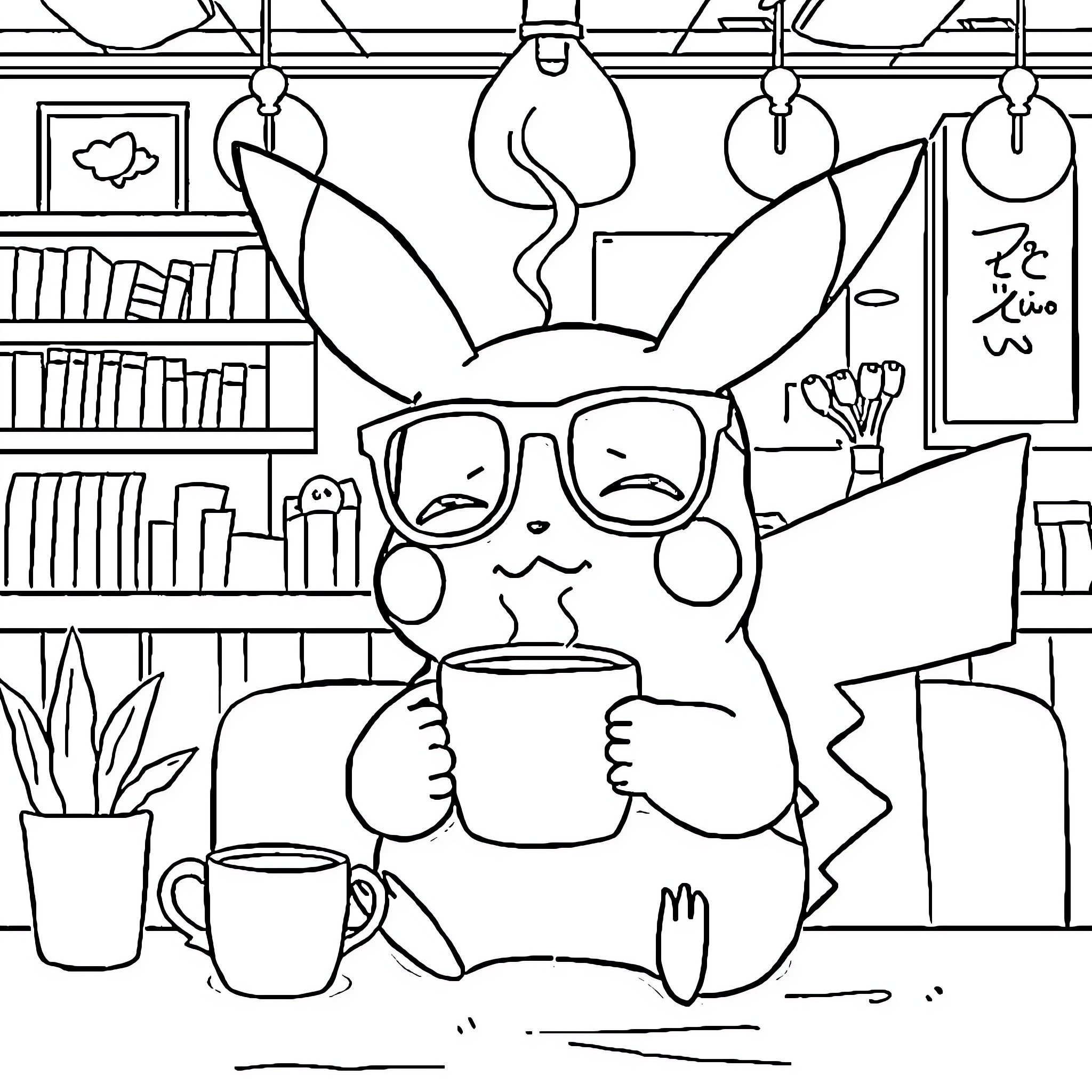 Pikachu enjoying a hot beverage in a cozy study Coloring Page (free black-and-white line drawing printable PDF for all, from beginners to advanced learners, including children, teens, adults, and seniors)