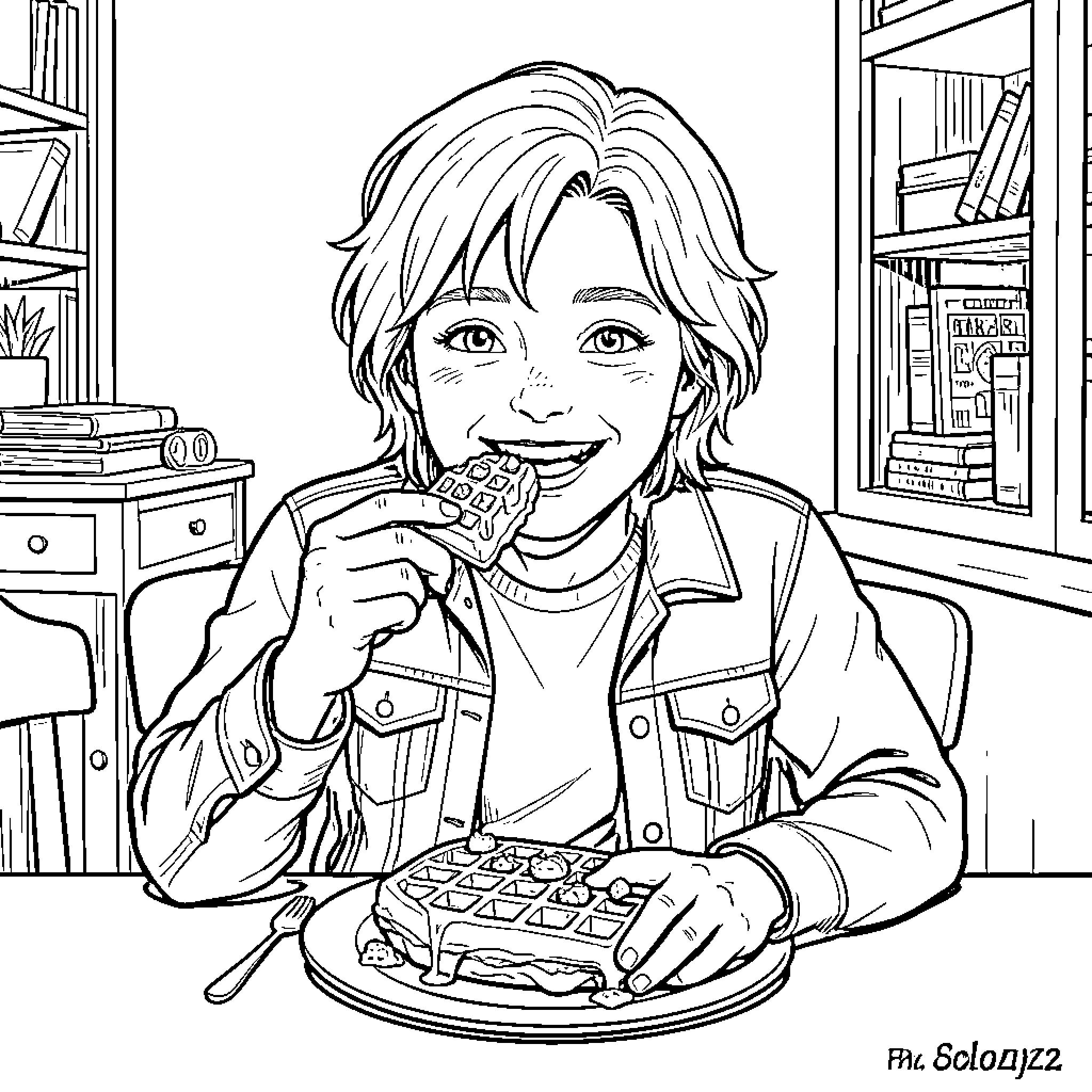 Once a Delightful Snack Time in the Library Coloring Page (free black-and-white line drawing printable PDF for all, from beginners to advanced learners, including children, teens, adults, and seniors)