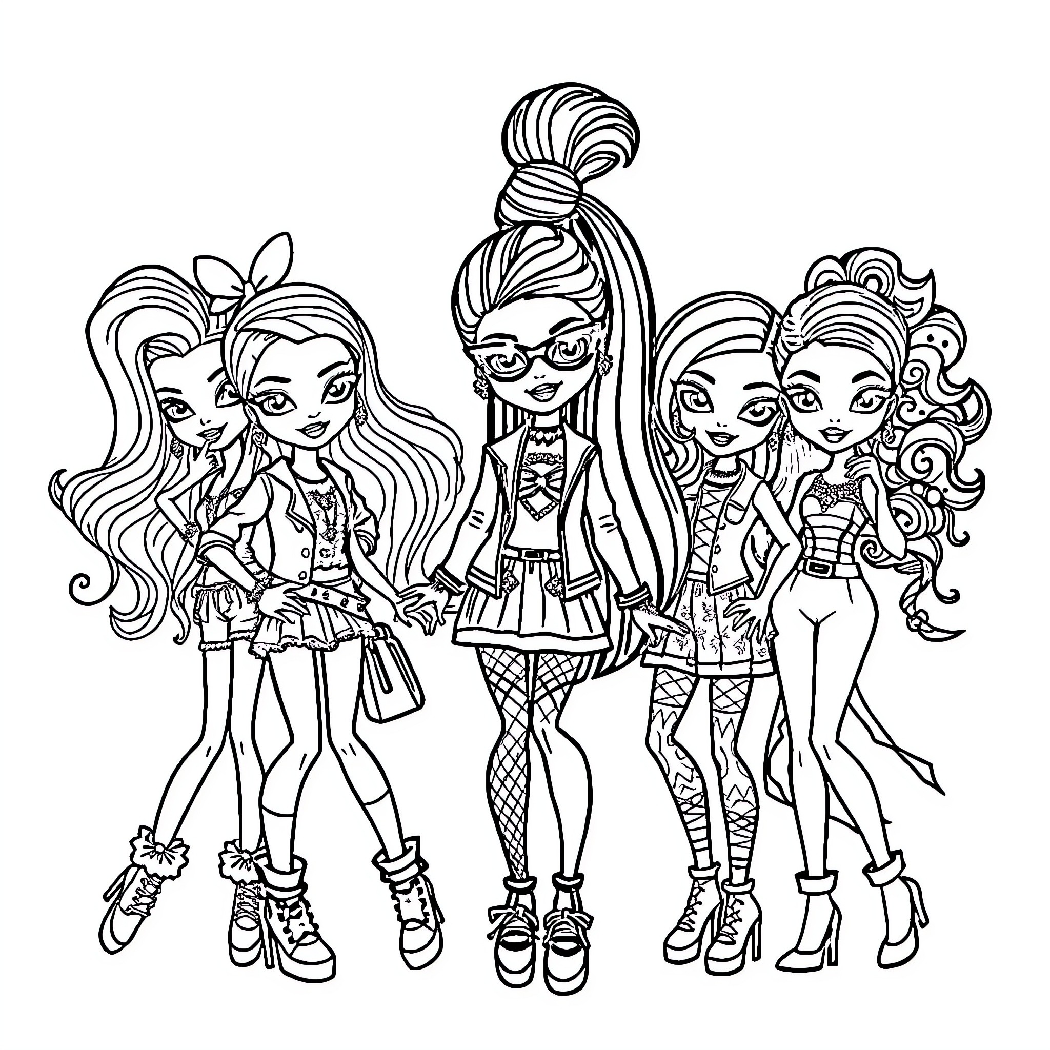 Bratz Dolls in Fashionable Outfits and Poses Coloring Page (free black-and-white line drawing printable PDF for all, from beginners to advanced learners, including children, teens, adults, and seniors)
