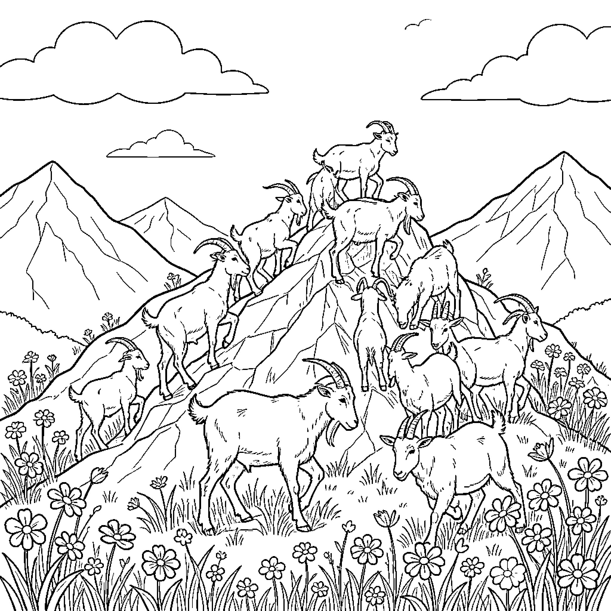 Goat herd climbing through a mountain landscape Coloring Page (free black-and-white line drawing printable PDF for all, from beginners to advanced learners, including children, teens, adults, and seniors)