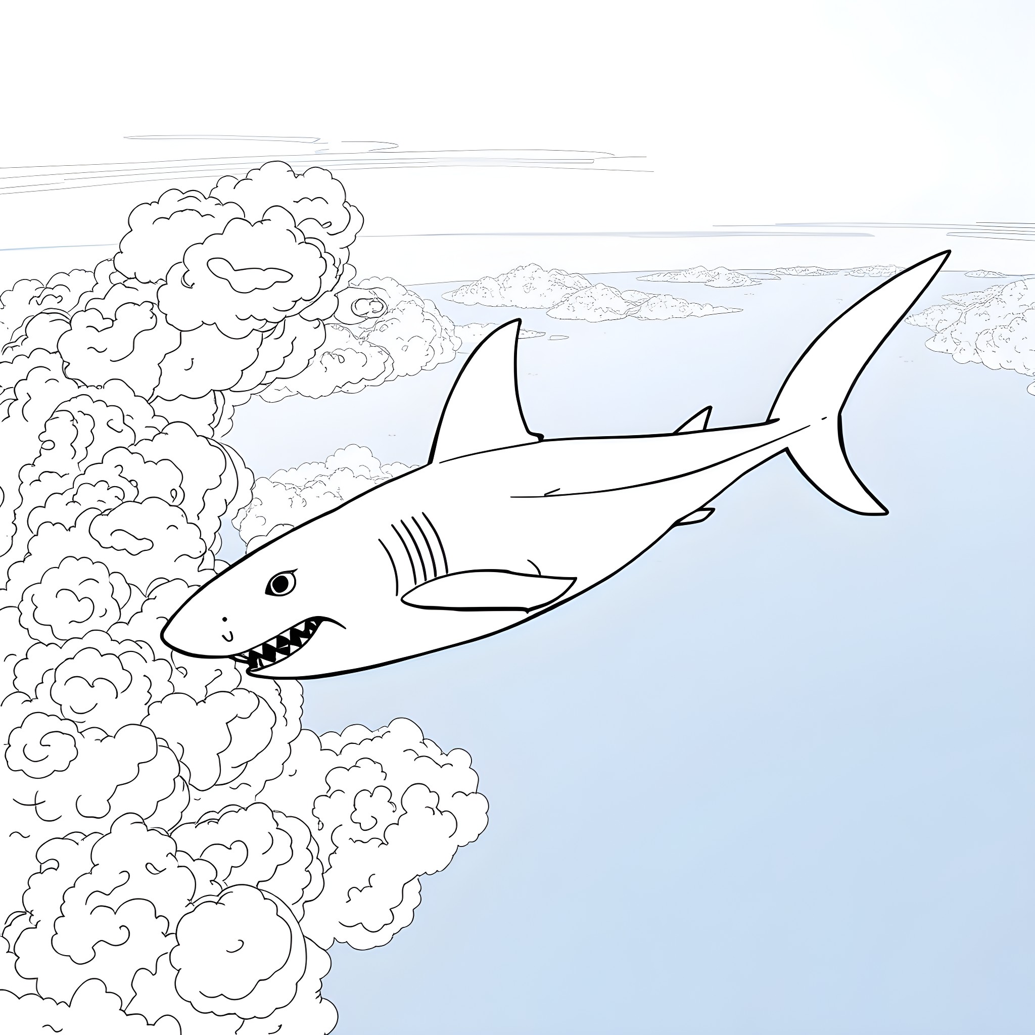 Shark swimming among clouds in the sky Coloring Page (free black-and-white line drawing printable PDF for all, from beginners to advanced learners, including children, teens, adults, and seniors)