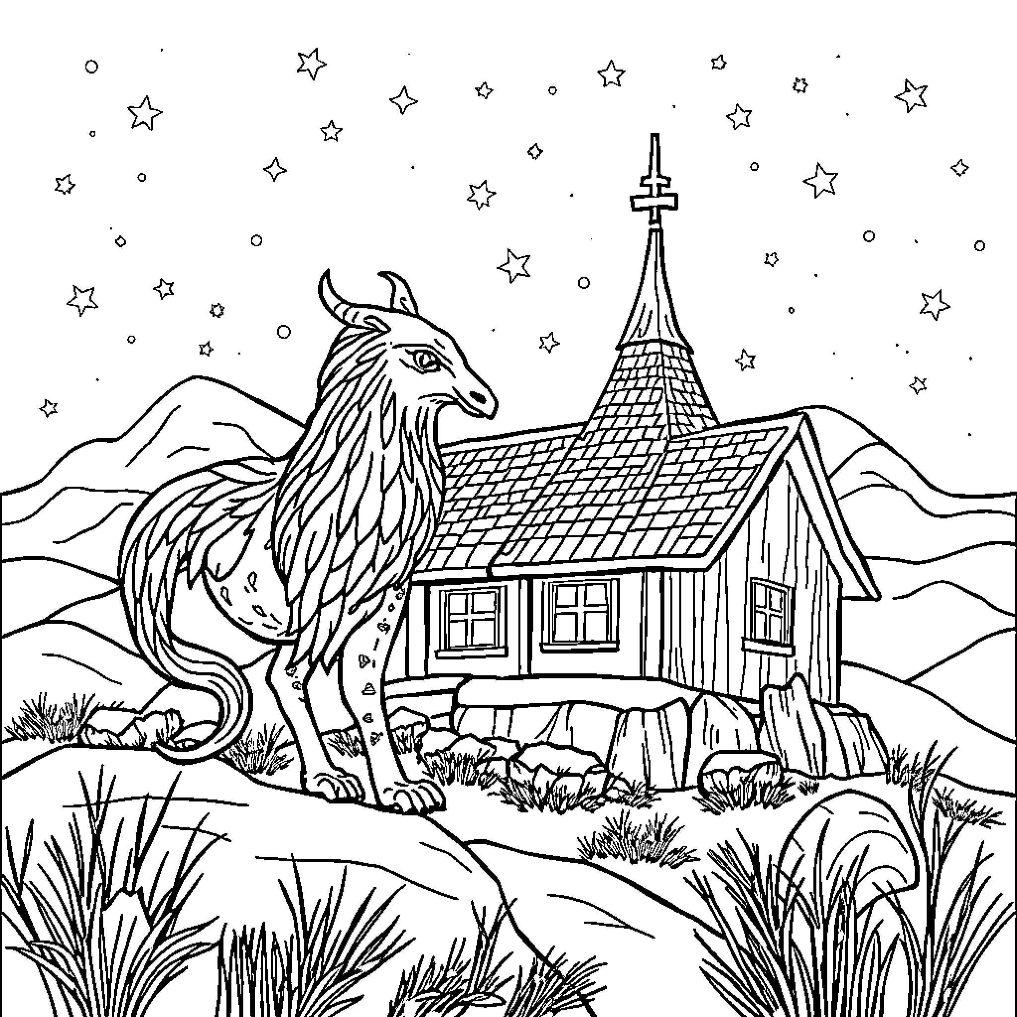 Stea Mythical Creature Guarding Cozy Cottage Amidst Starry Night Coloring Page (free black-and-white line drawing printable PDF for all, from beginners to advanced learners, including children, teens, adults, and seniors)
