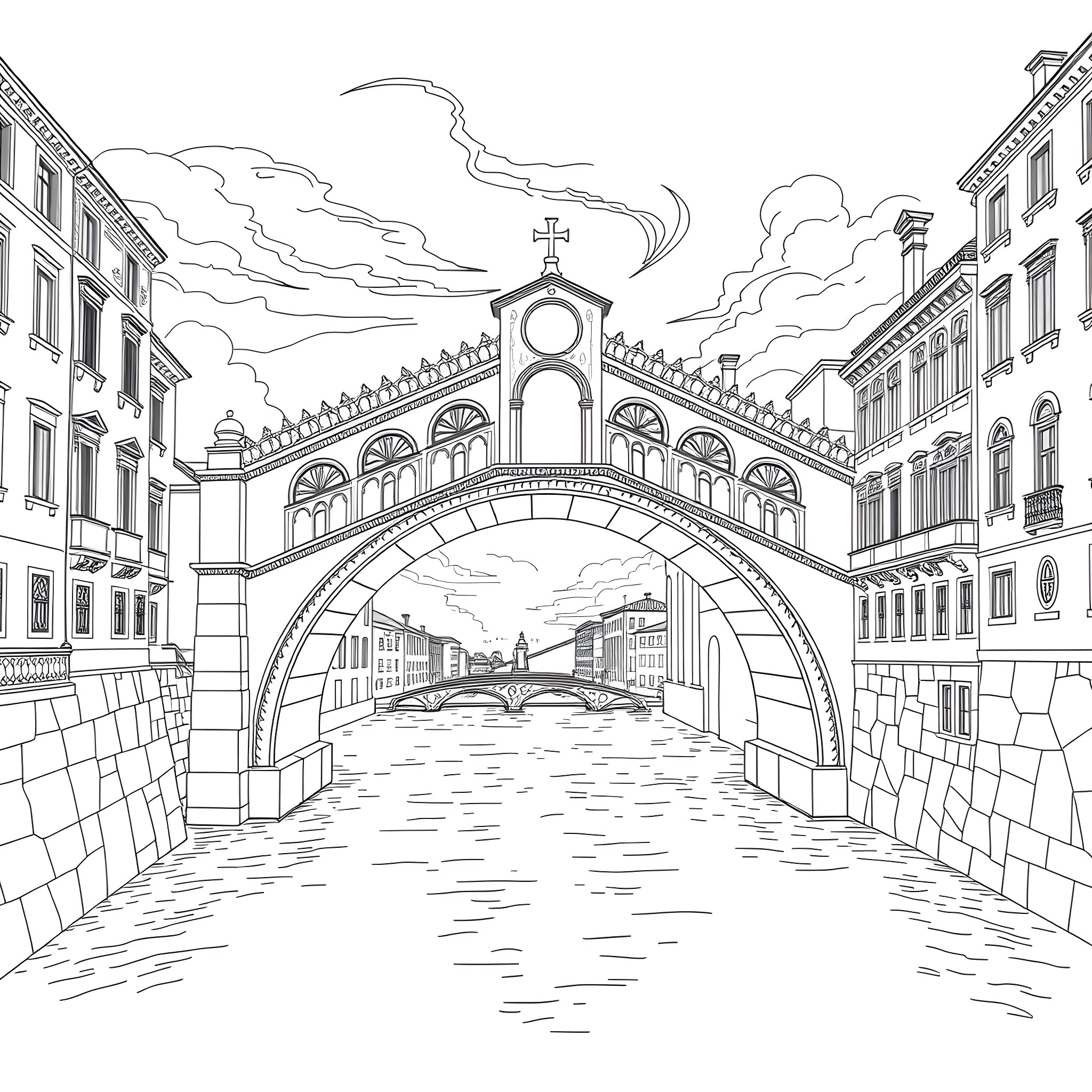 Bridge over scenic canal with ornate architecture Coloring Page (free black-and-white line drawing printable PDF for all, from beginners to advanced learners, including children, teens, adults, and seniors)
