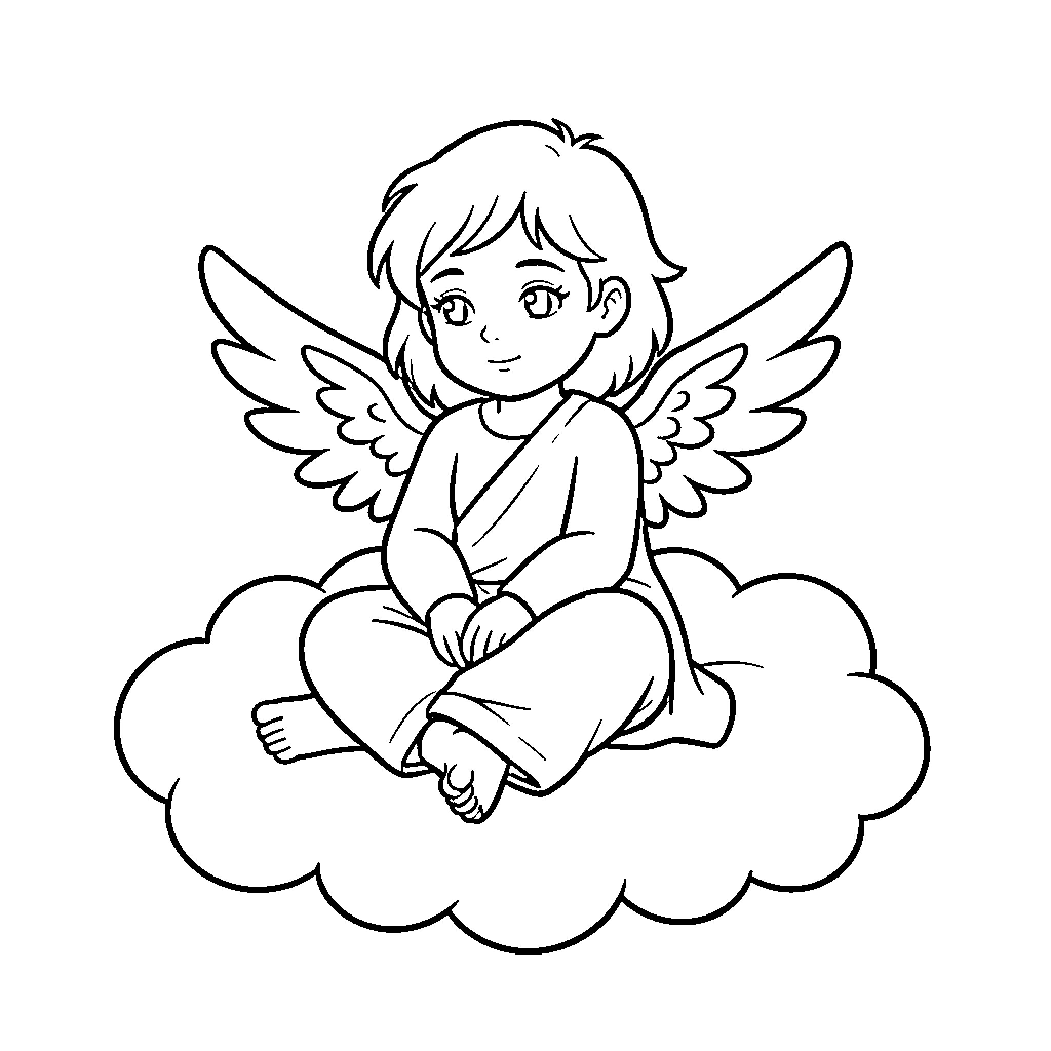 Angelot sitting peacefully on a fluffy cloud Coloring Page (free black-and-white line drawing printable PDF for all, from beginners to advanced learners, including children, teens, adults, and seniors)