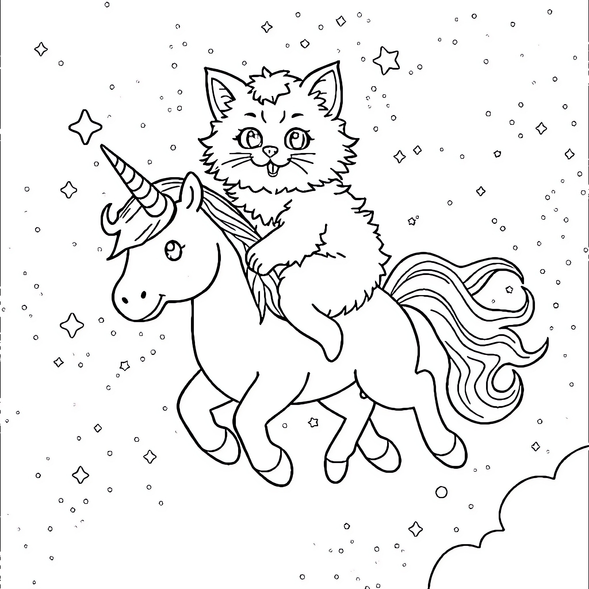 Cat riding a magical unicorn in the starry sky Coloring Page (free black-and-white line drawing printable PDF for all, from beginners to advanced learners, including children, teens, adults, and seniors)