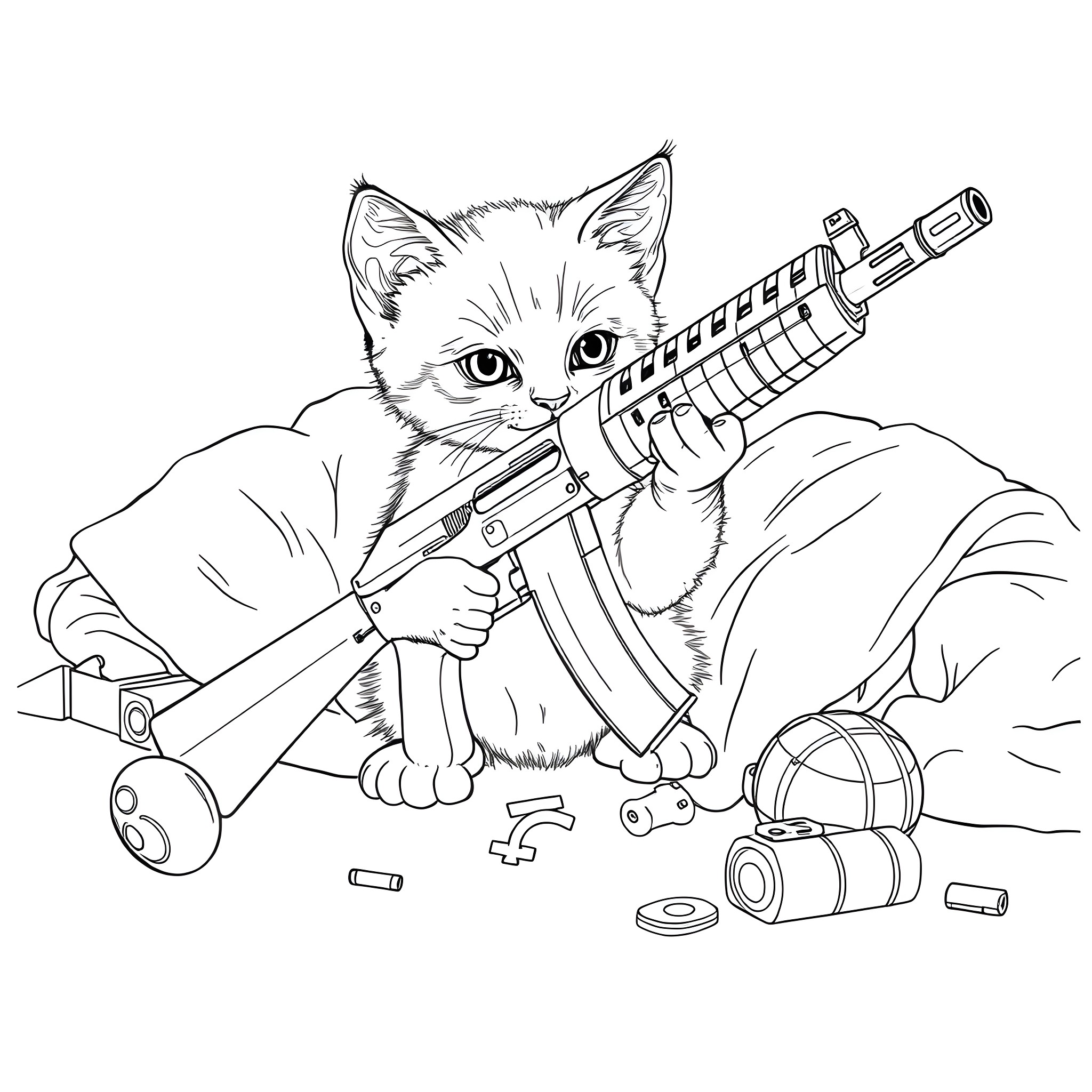 Kitten playing with toy gun and accessories Coloring Page (free black-and-white line drawing printable PDF for all, from beginners to advanced learners, including children, teens, adults, and seniors)