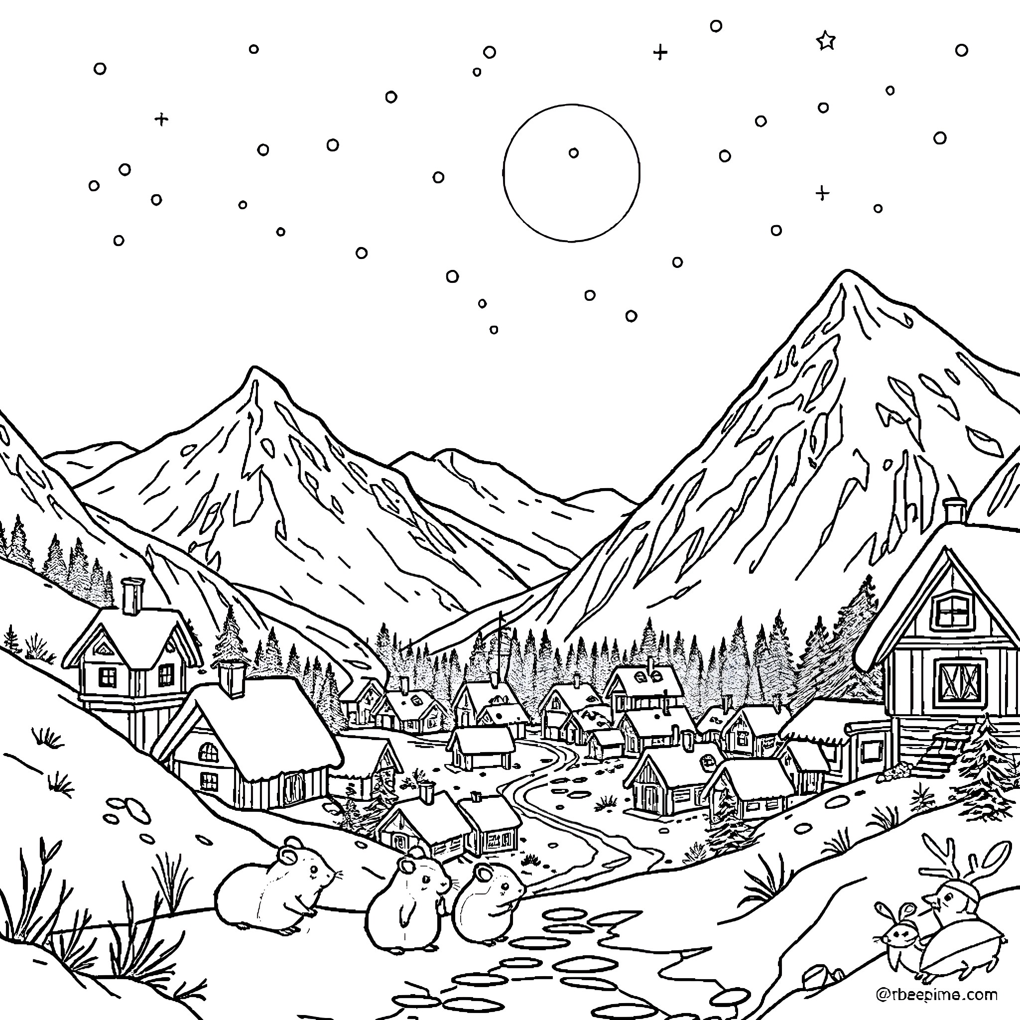Hamsters exploring a picturesque mountain village Coloring Page (free black-and-white line drawing printable PDF for all, from beginners to advanced learners, including children, teens, adults, and seniors)