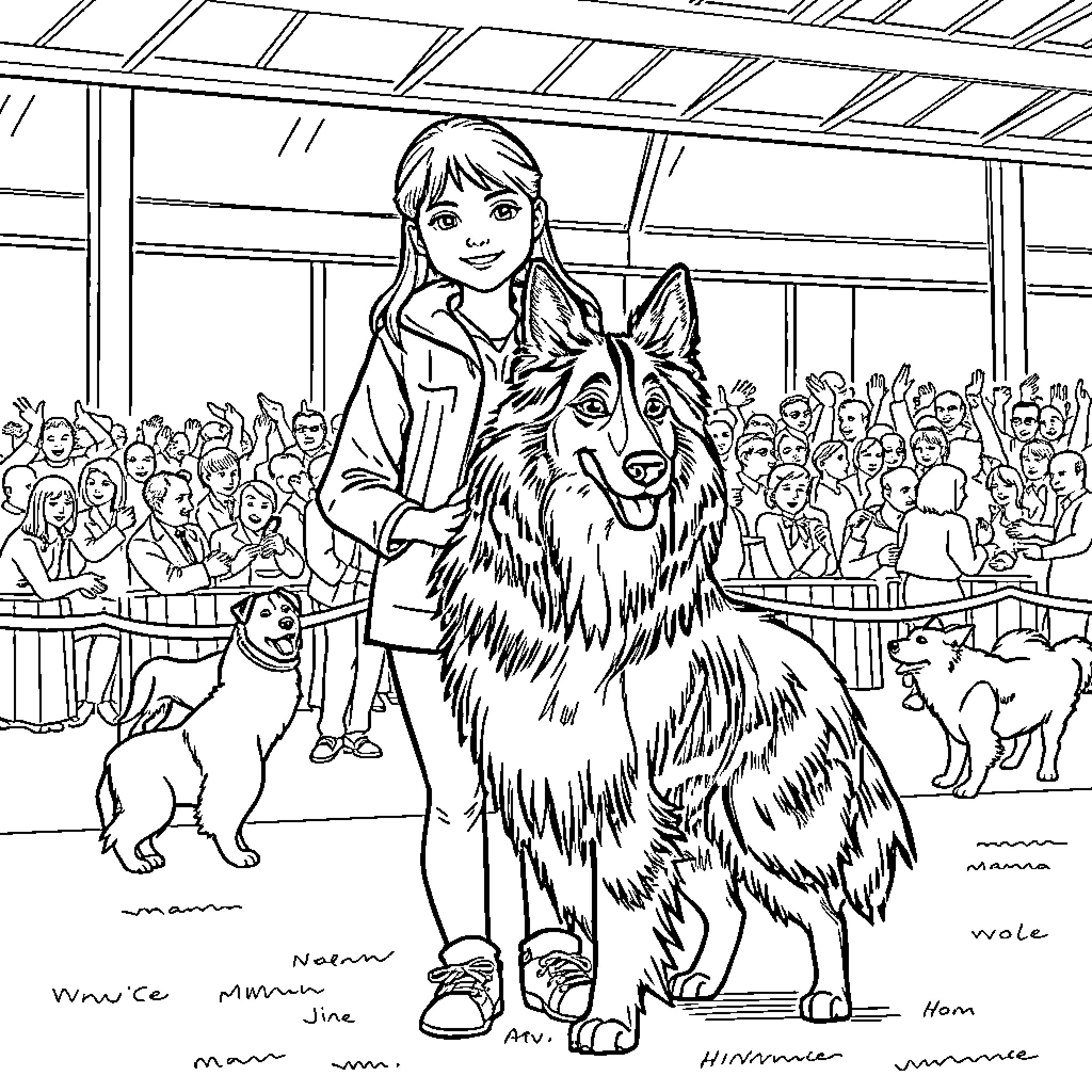 Collie and Girl in Dog Show Crowd Coloring Page (free black-and-white line drawing printable PDF for all, from beginners to advanced learners, including children, teens, adults, and seniors)