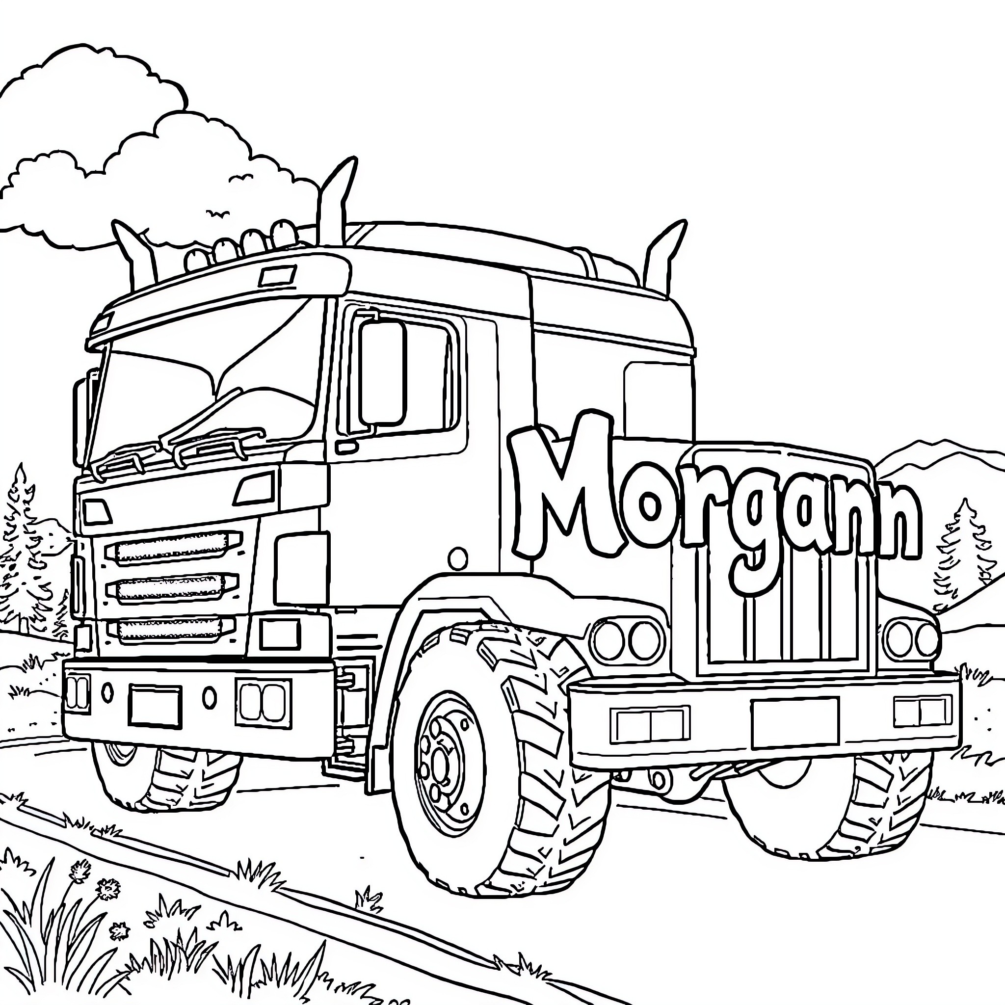 Monster Truck Navigating the Outdoor Terrain Coloring Page (free black-and-white line drawing printable PDF for all, from beginners to advanced learners, including children, teens, adults, and seniors)