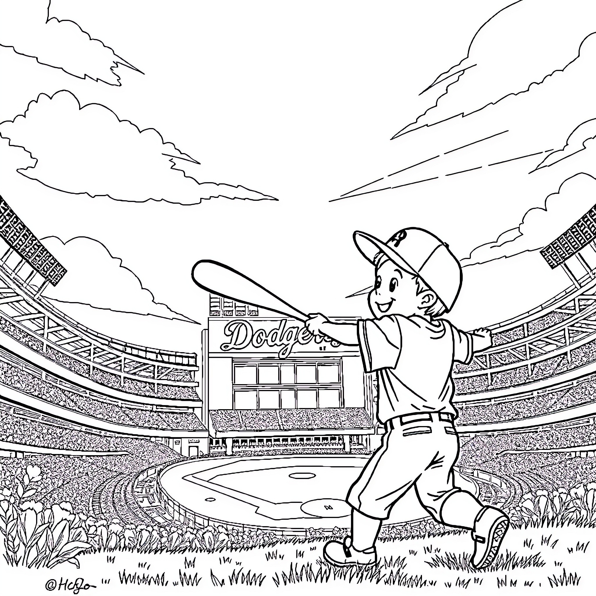 Boy playing baseball in the stadium Coloring Page (free black-and-white line drawing printable PDF for all, from beginners to advanced learners, including children, teens, adults, and seniors)