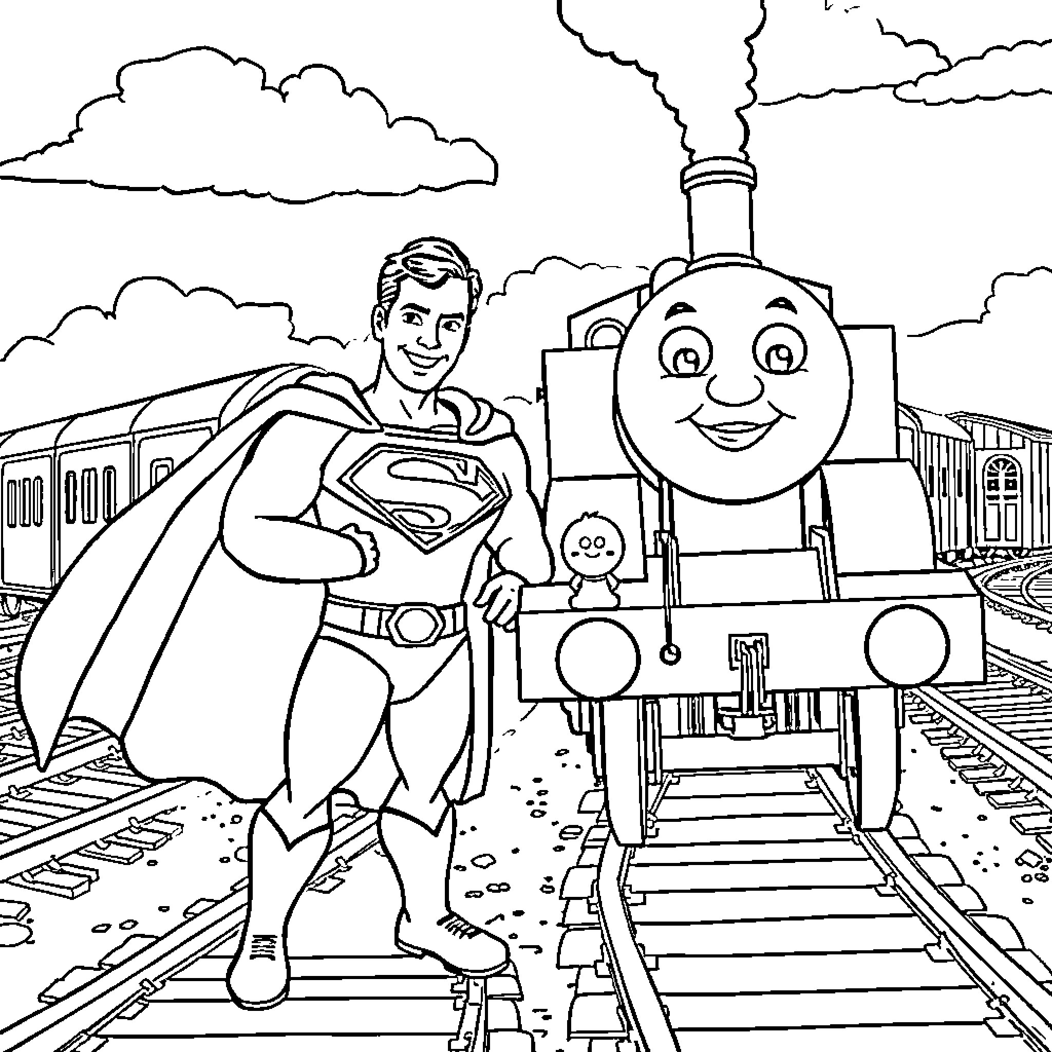 Superman helping a happy train on the tracks Coloring Page (free black-and-white line drawing printable PDF for all, from beginners to advanced learners, including children, teens, adults, and seniors)