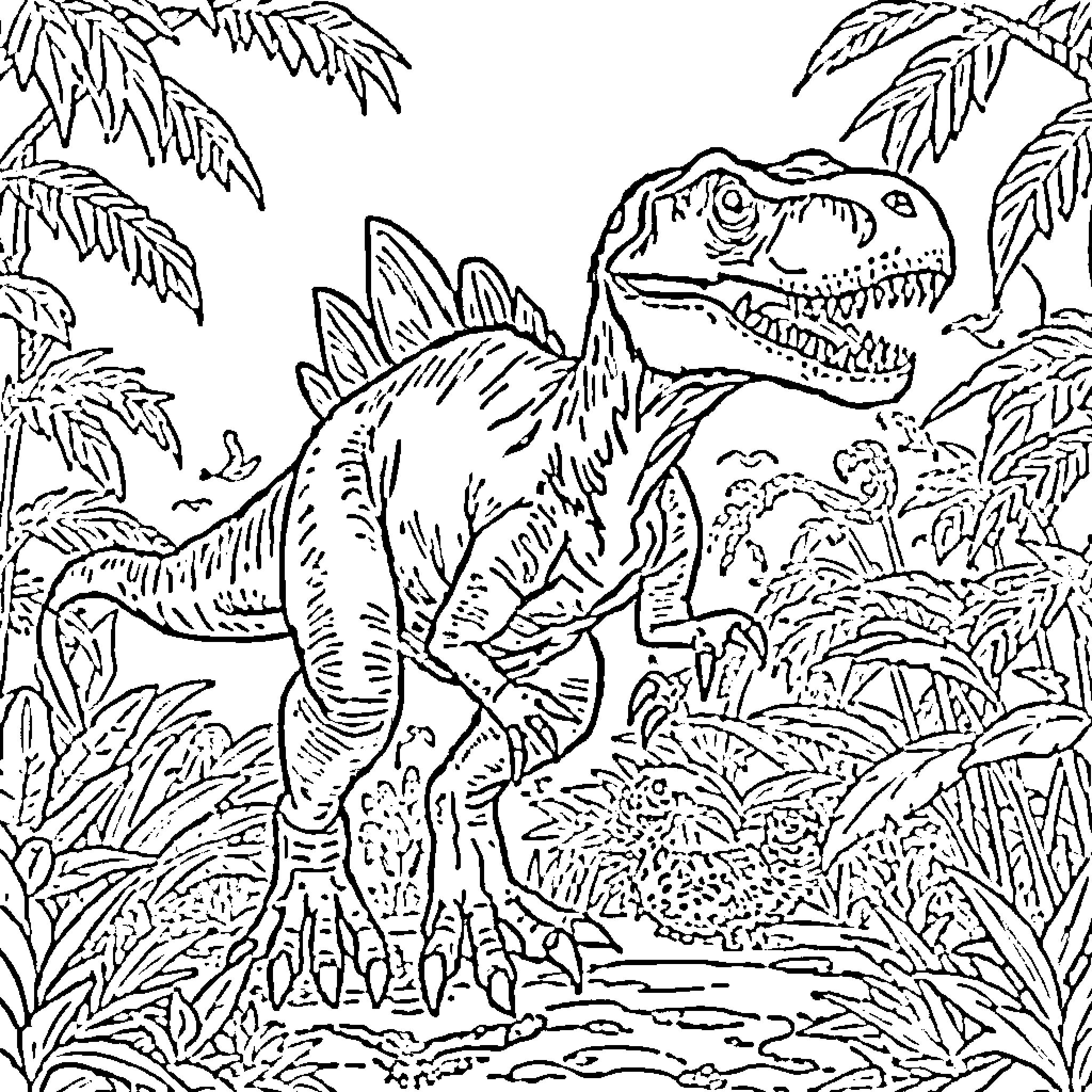 Velociraptor Hunting in Prehistoric Jungle Coloring Page (free black-and-white line drawing printable PDF for all, from beginners to advanced learners, including children, teens, adults, and seniors)