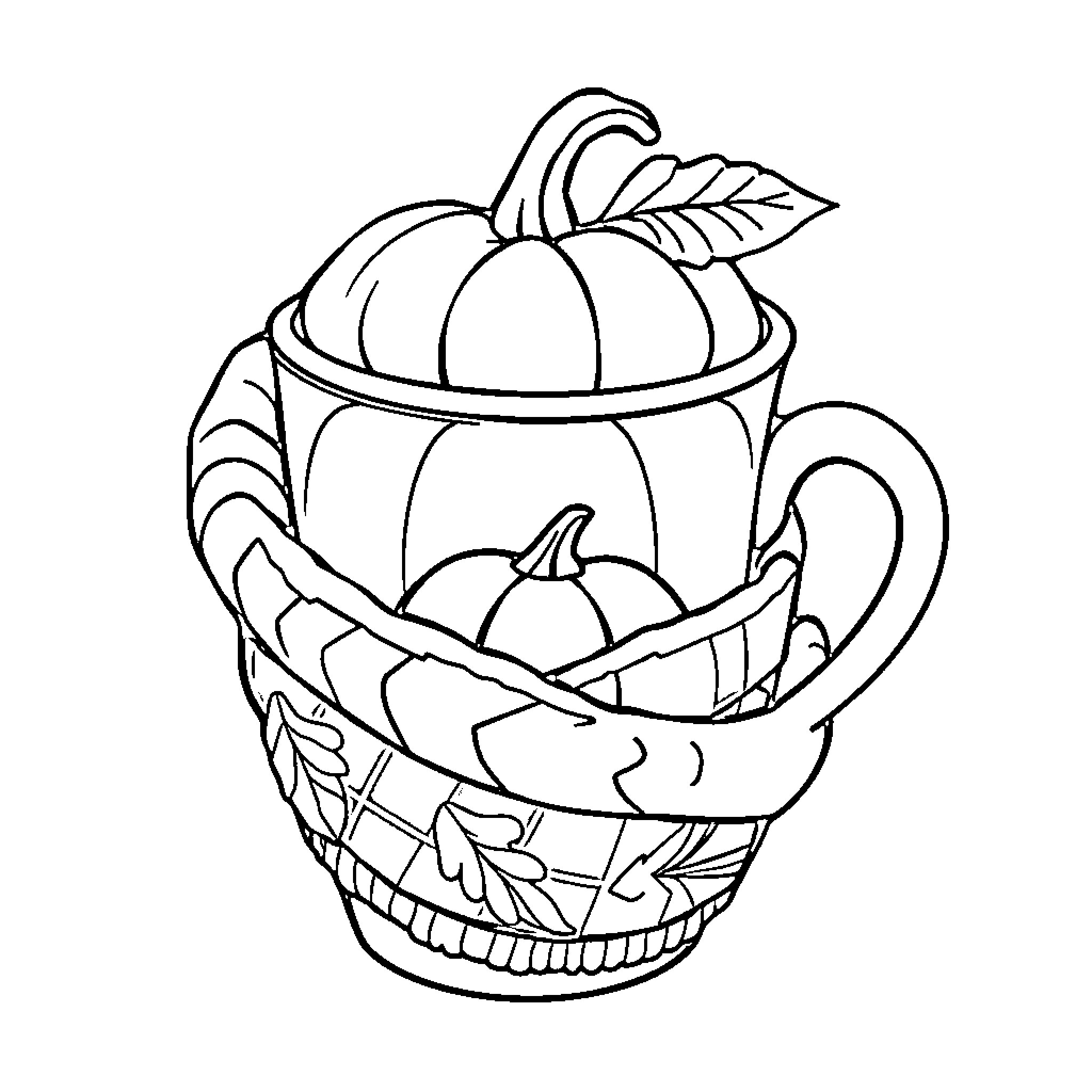 Coffee Cup with Autumn Harvest Coloring Page (free black-and-white line drawing printable PDF for all, from beginners to advanced learners, including children, teens, adults, and seniors)