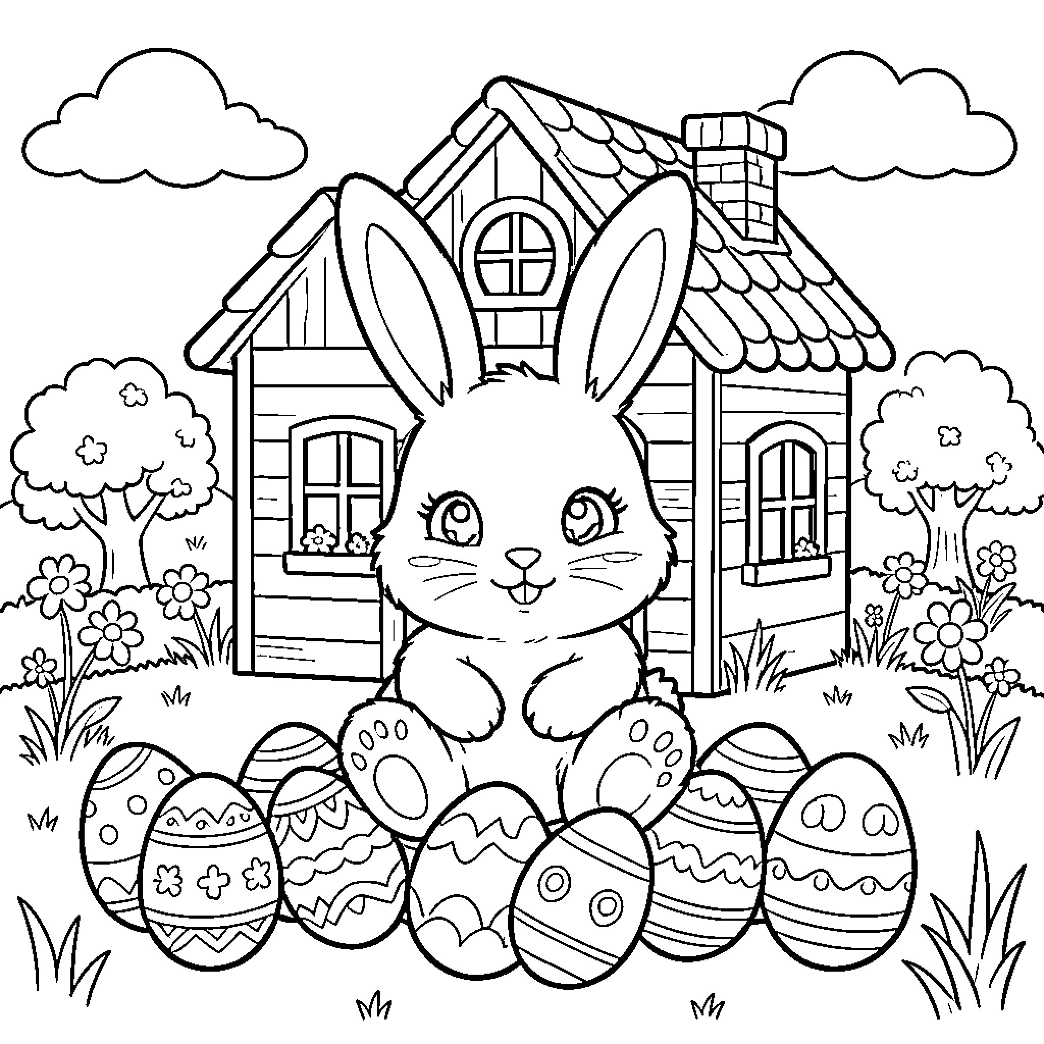 Bunny Enjoying Easter Eggs in Cozy Cottage Coloring Page (free black-and-white line drawing printable PDF for all, from beginners to advanced learners, including children, teens, adults, and seniors)