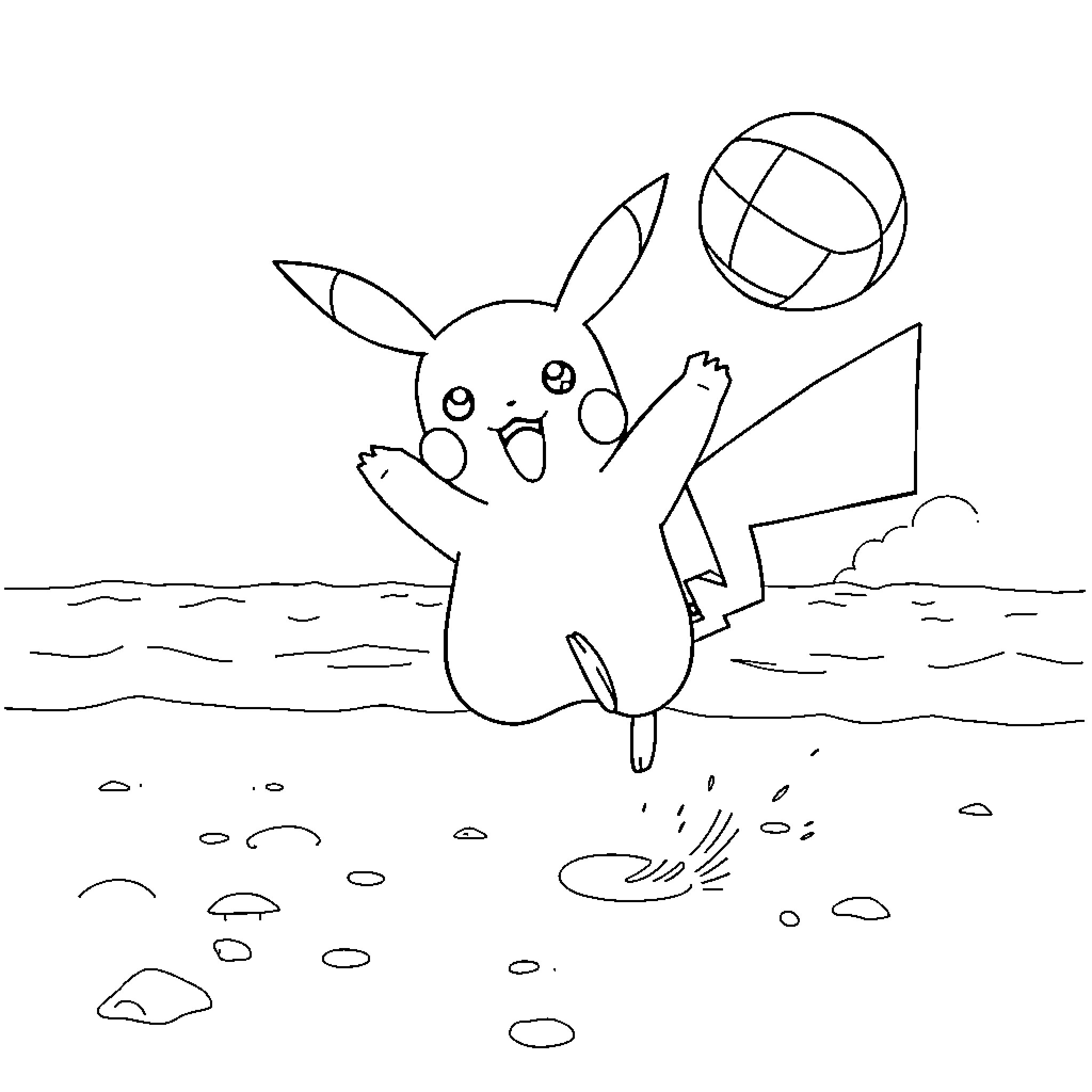 Pikachu playing joyfully with beach ball Coloring Page (free black-and-white line drawing printable PDF for all, from beginners to advanced learners, including children, teens, adults, and seniors)