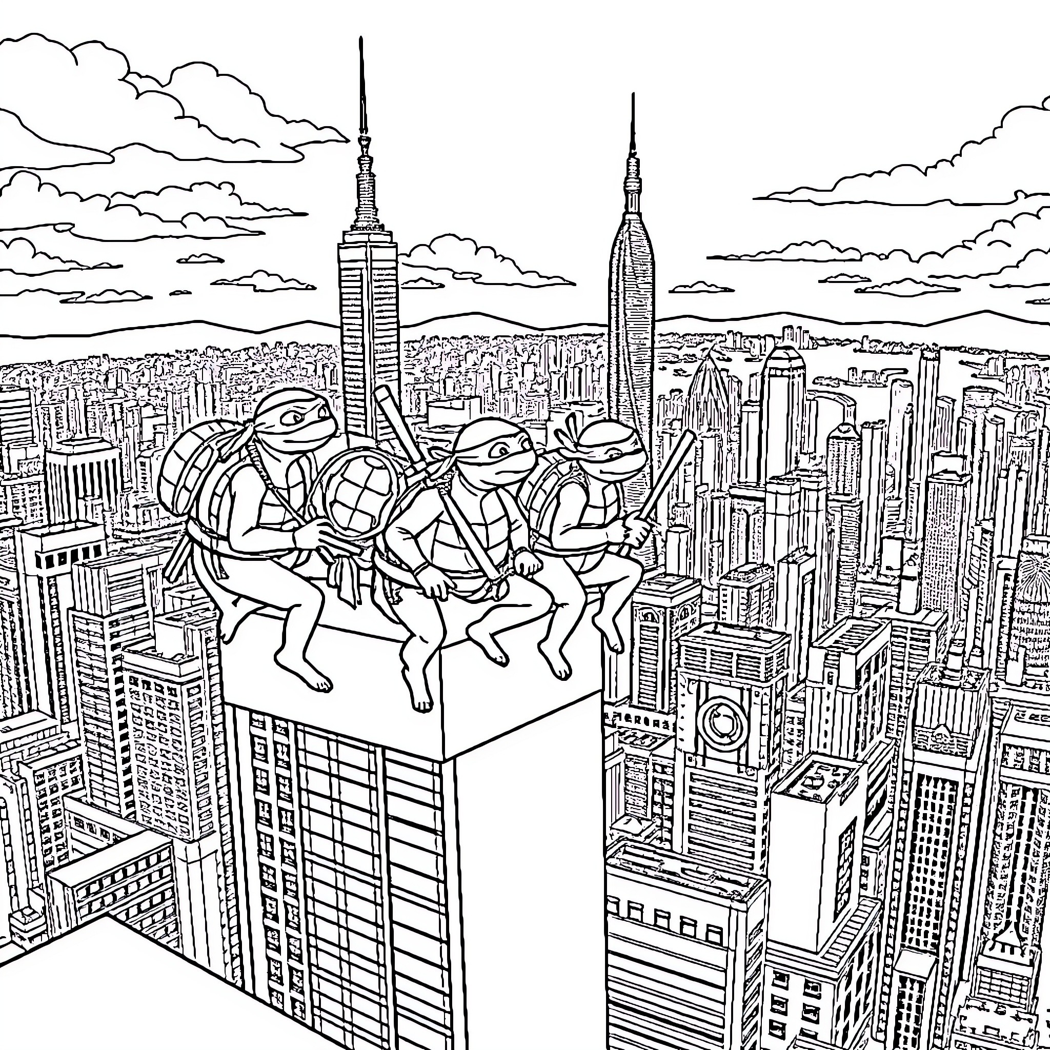 Ninja Turtles exploring the city skyline Coloring Page (free black-and-white line drawing printable PDF for all, from beginners to advanced learners, including children, teens, adults, and seniors)