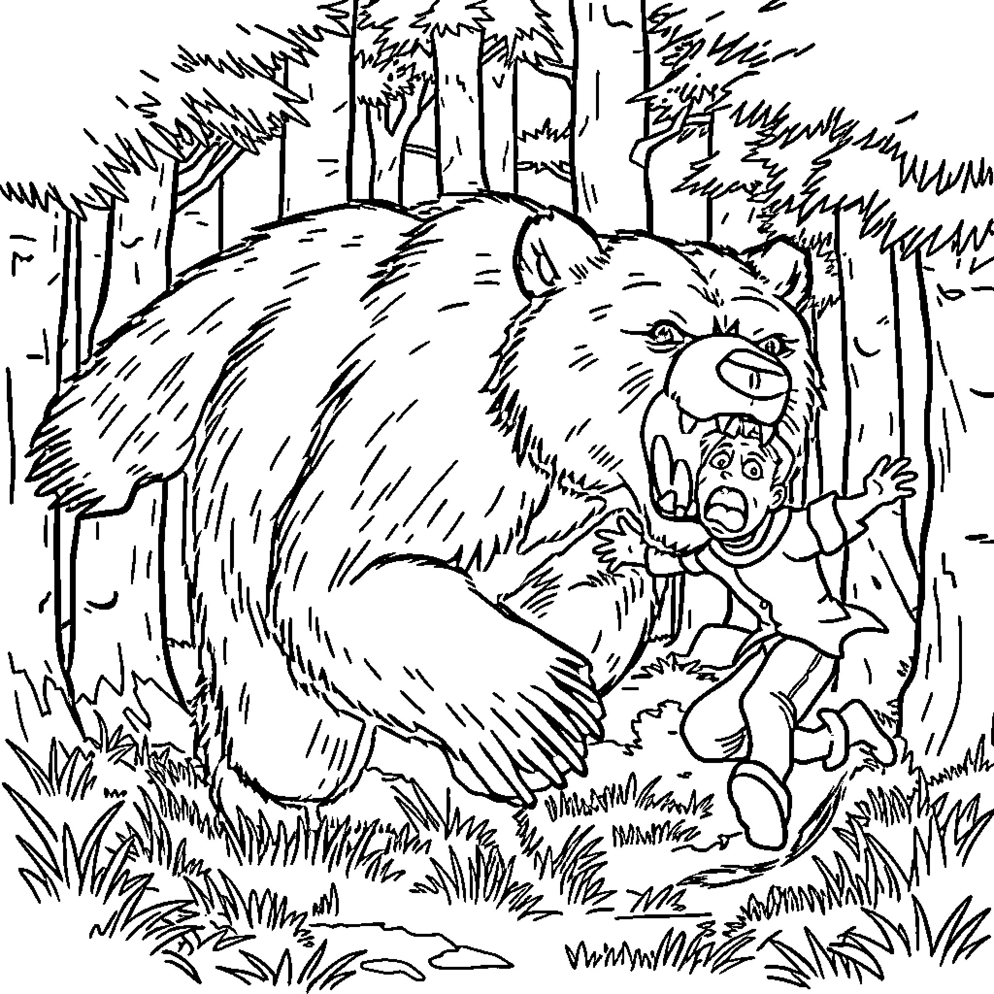 Bear growling at frightened character in forest Coloring Page (free black-and-white line drawing printable PDF for all, from beginners to advanced learners, including children, teens, adults, and seniors)