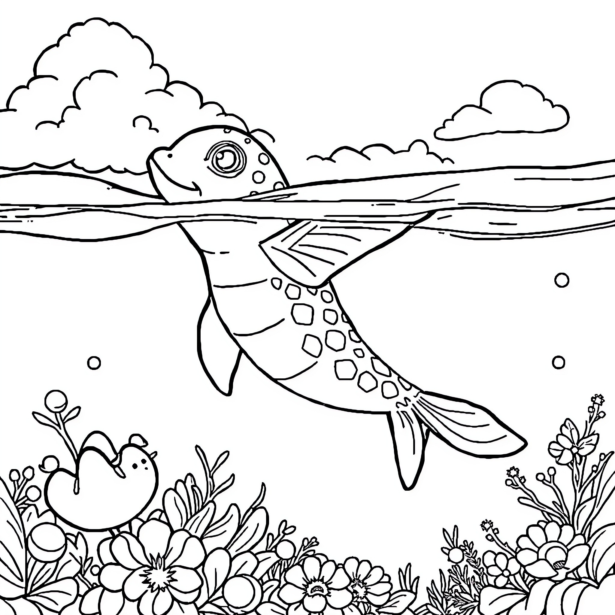 Whale swimming happily in the underwater garden Coloring Page (free black-and-white line drawing printable PDF for all, from beginners to advanced learners, including children, teens, adults, and seniors)