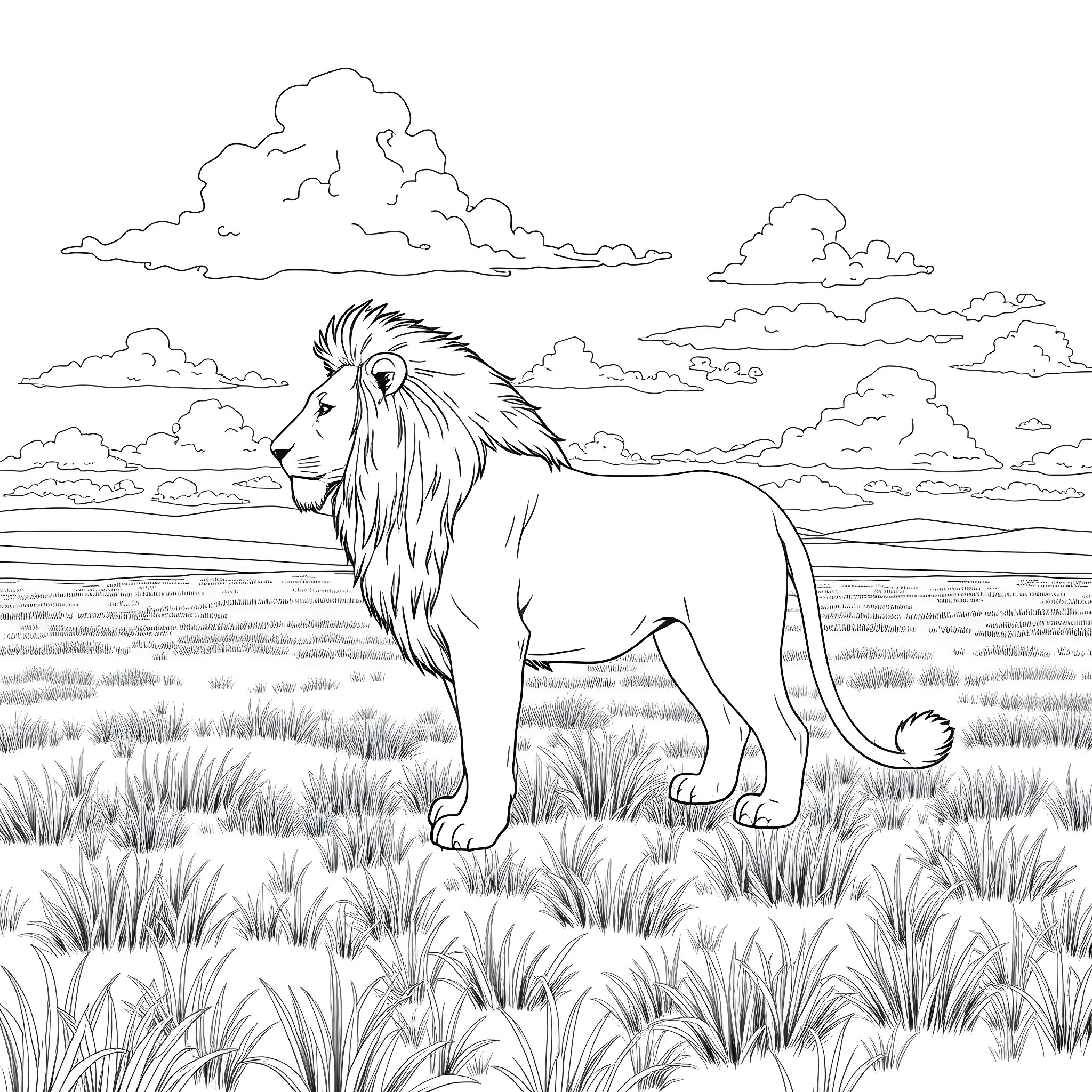 Lion standing proudly in the wilderness Coloring Page (free black-and-white line drawing printable PDF for all, from beginners to advanced learners, including children, teens, adults, and seniors)