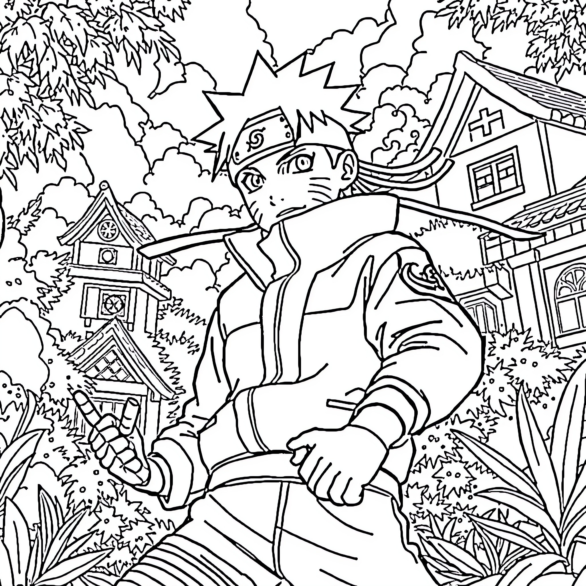 Naruto exploring the village with determination Coloring Page (free black-and-white line drawing printable PDF for all, from beginners to advanced learners, including children, teens, adults, and seniors)