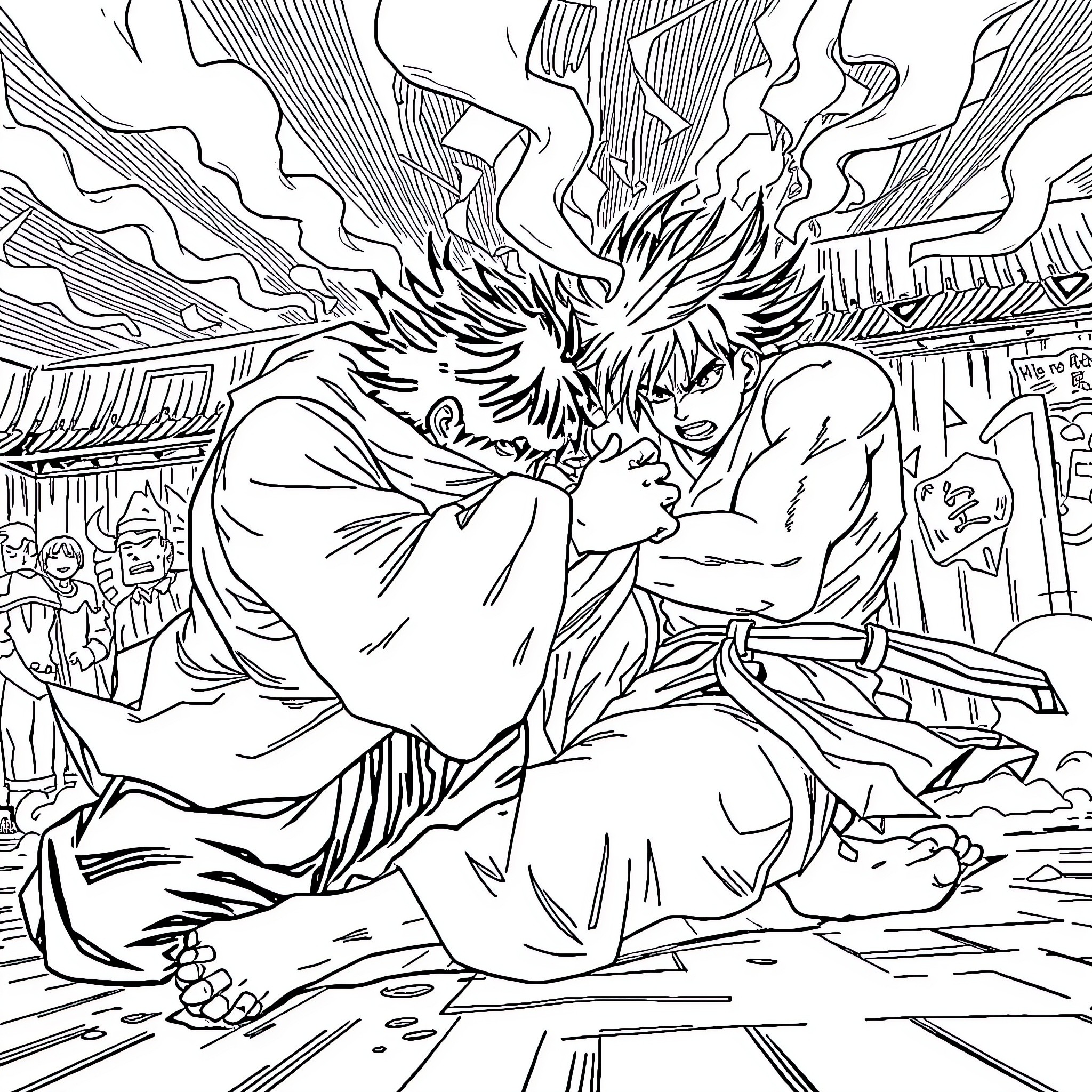 Daki's intense battle with a formidable opponent Coloring Page (free black-and-white line drawing printable PDF for all, from beginners to advanced learners, including children, teens, adults, and seniors)