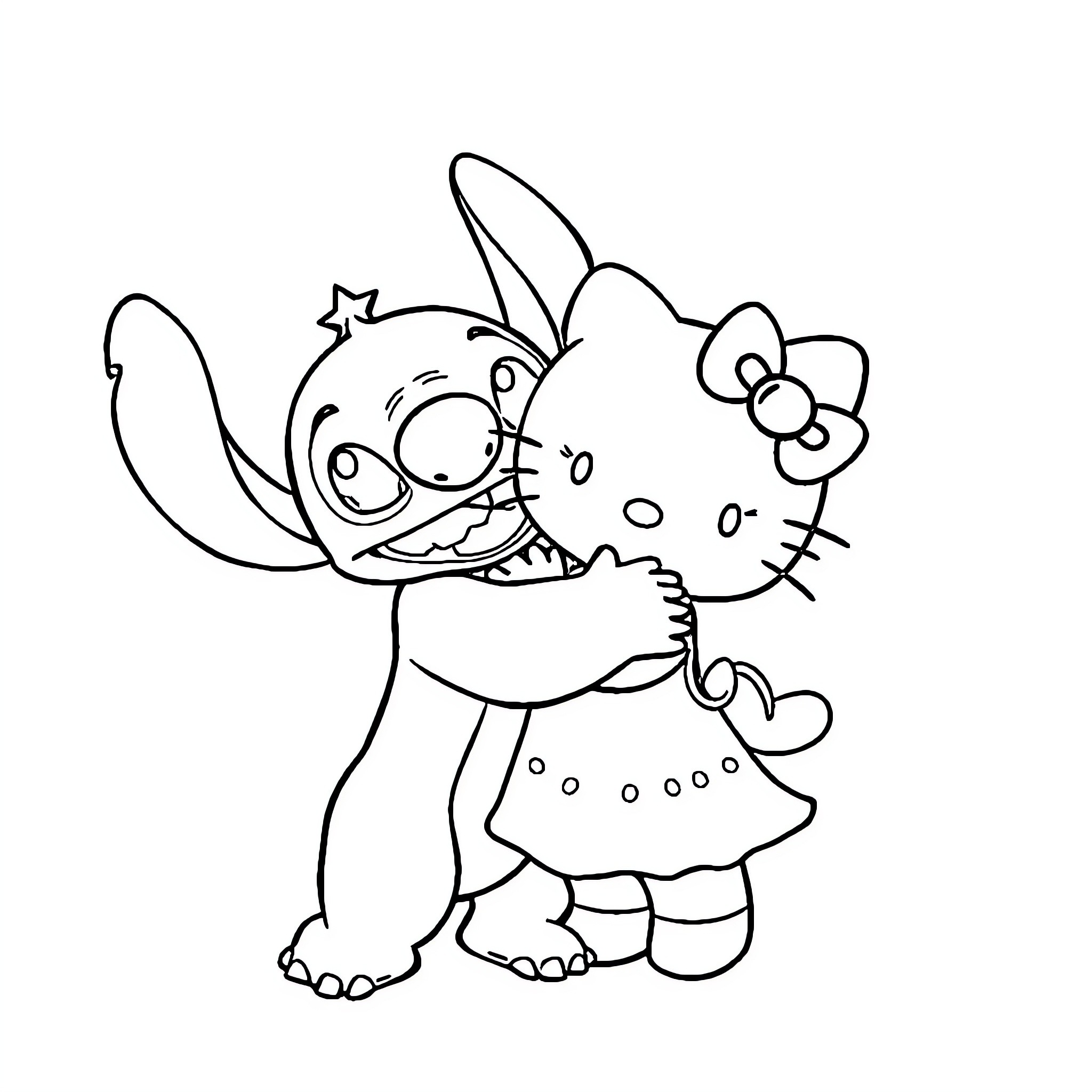 Stitch embracing Hello Kitty in a playful scene Coloring Page (free black-and-white line drawing printable PDF for all, from beginners to advanced learners, including children, teens, adults, and seniors)