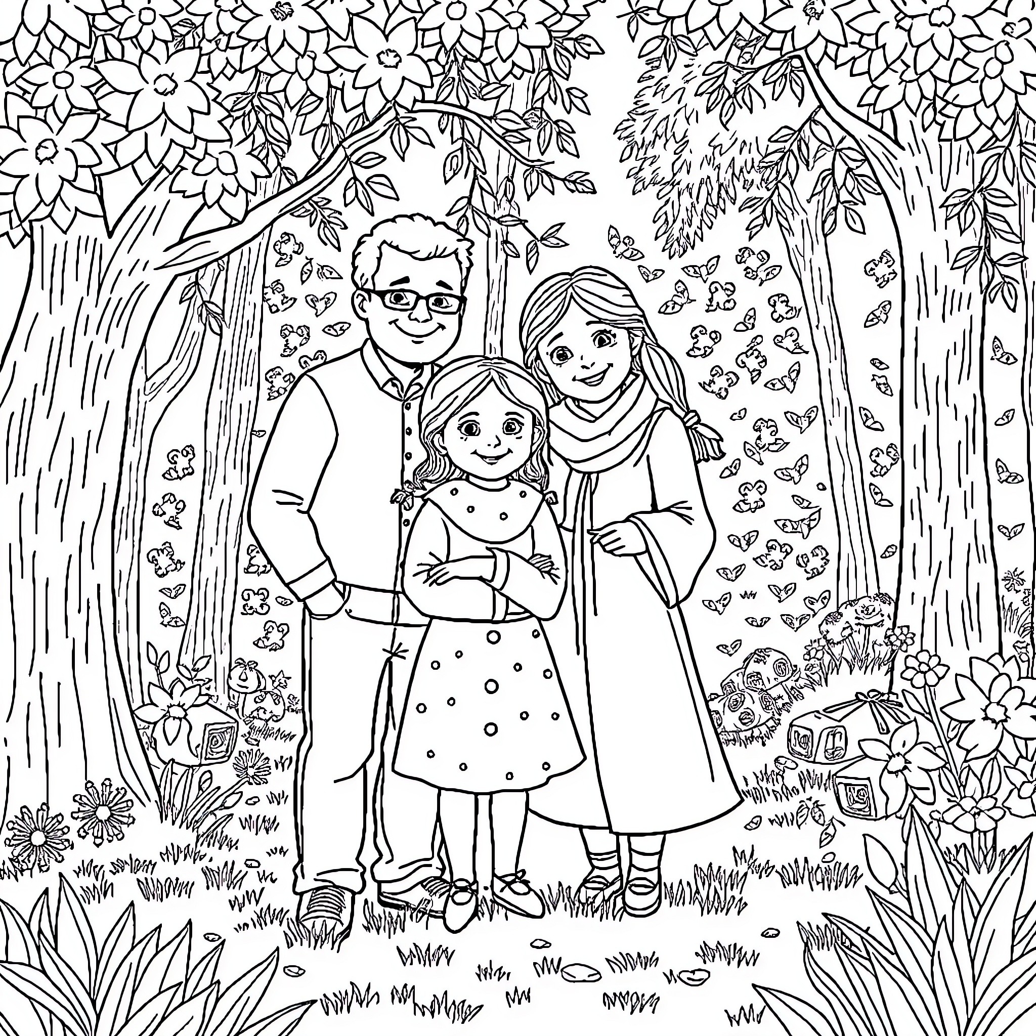 Family enjoying a nature walk together Coloring Page (free black-and-white line drawing printable PDF for all, from beginners to advanced learners, including children, teens, adults, and seniors)