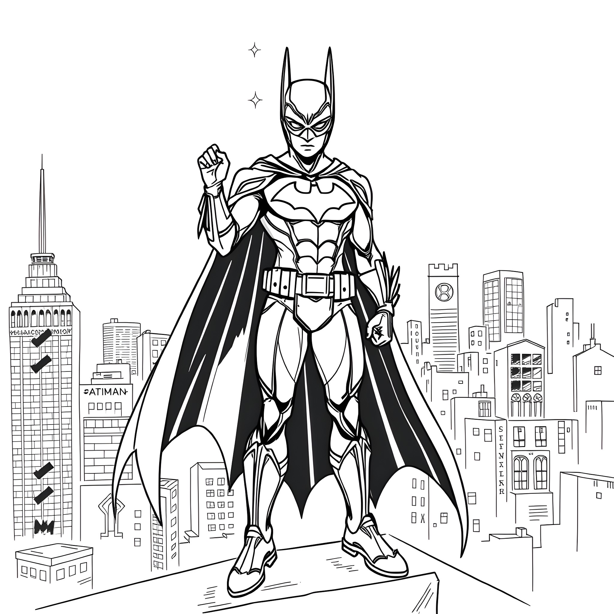 Dark Light: Heroic Pose in the City Coloring Page (free black-and-white line drawing printable PDF for all, from beginners to advanced learners, including children, teens, adults, and seniors)