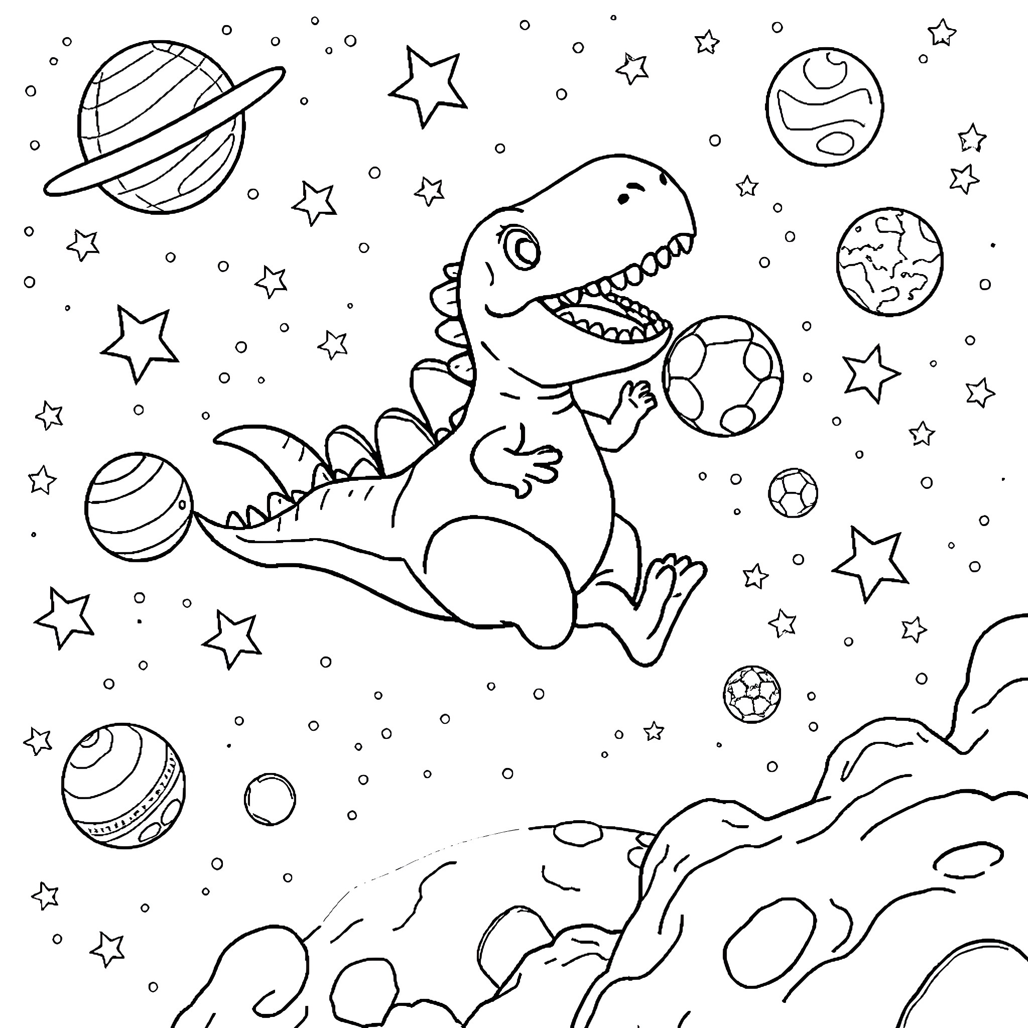 Dinosaur playing with soccer ball in outer space Coloring Page (free black-and-white line drawing printable PDF for all, from beginners to advanced learners, including children, teens, adults, and seniors)