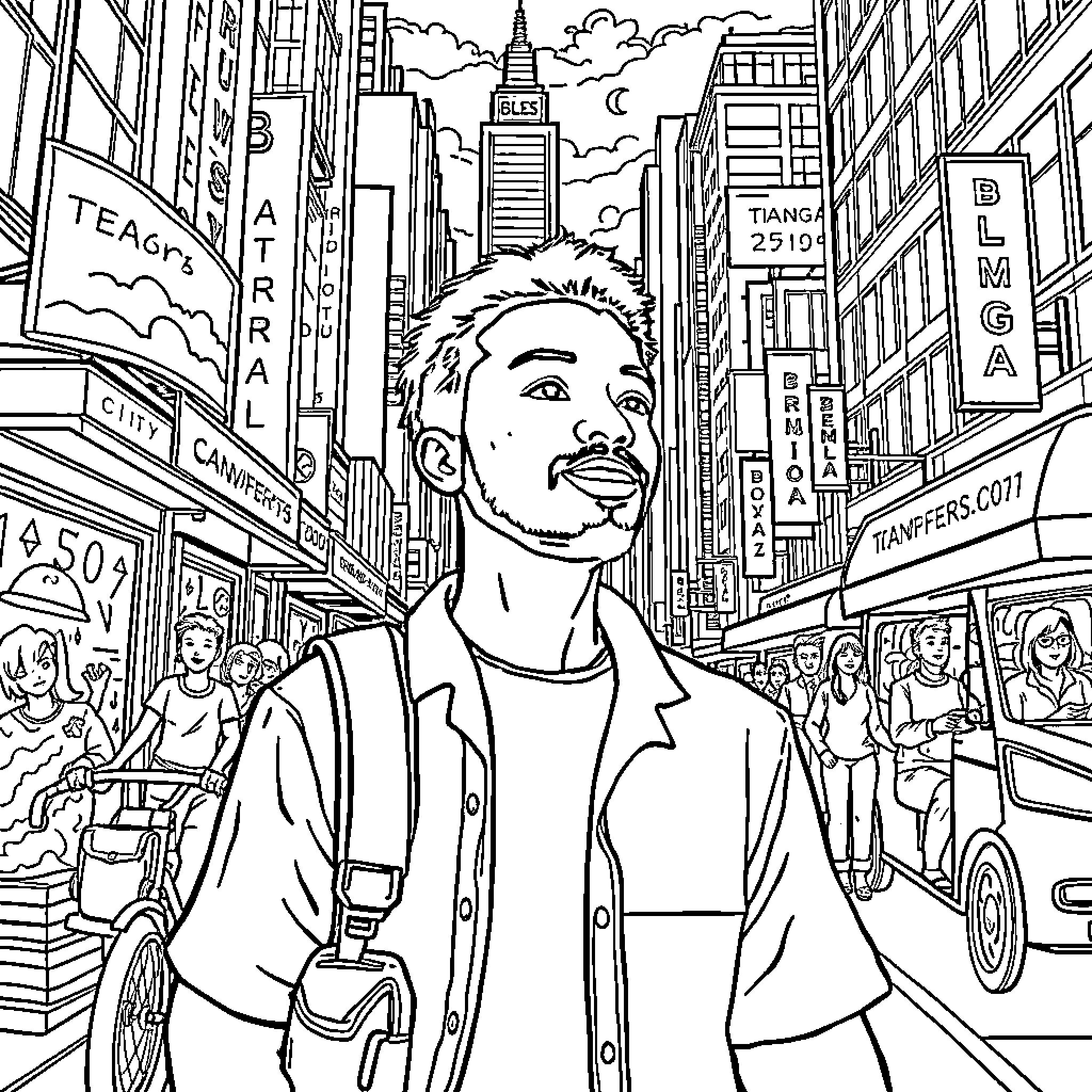 Adama explores the bustling city streets Coloring Page (free black-and-white line drawing printable PDF for all, from beginners to advanced learners, including children, teens, adults, and seniors)