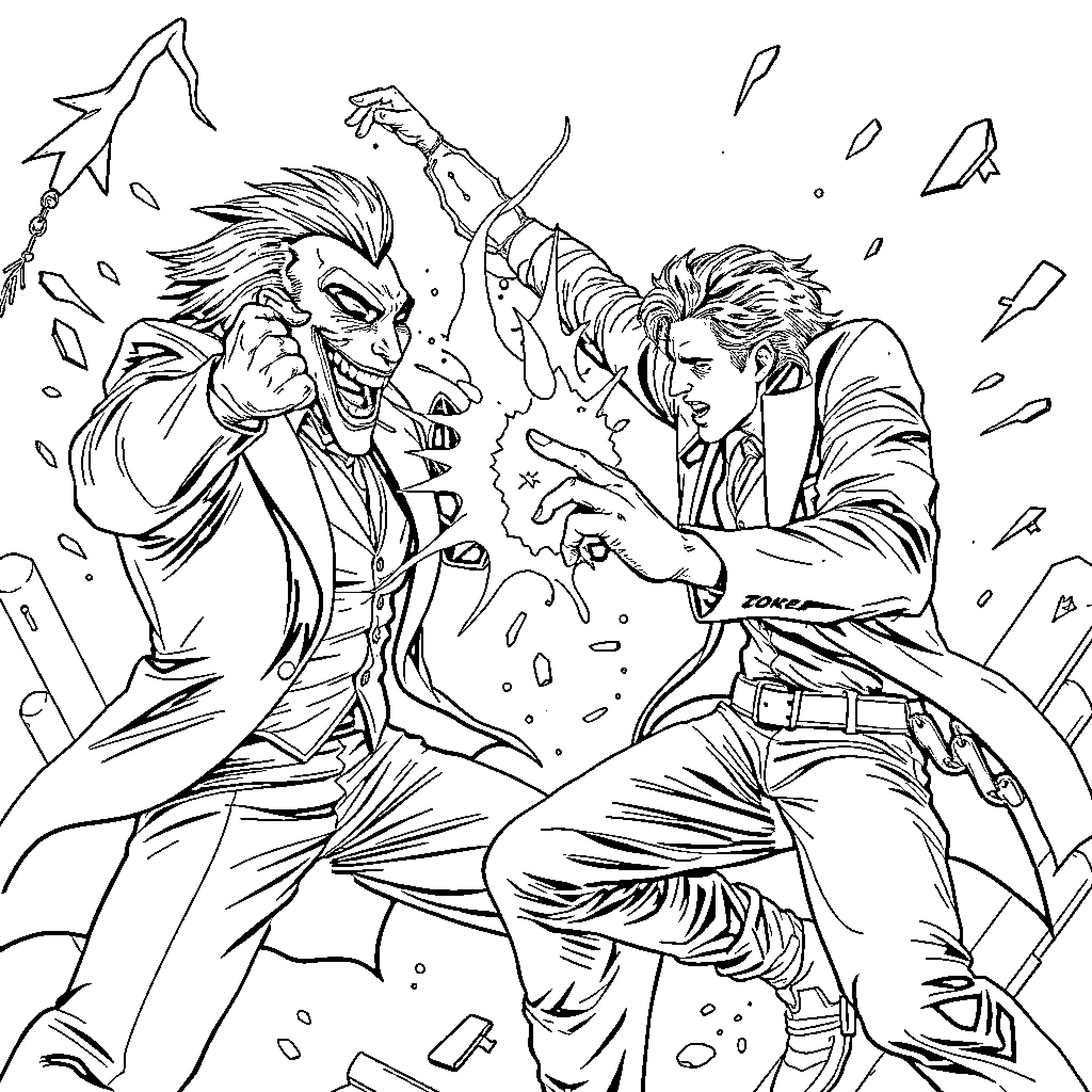 Joker's Chaotic Confrontation with a Suited Adversary Coloring Page (free black-and-white line drawing printable PDF for all, from beginners to advanced learners, including children, teens, adults, and seniors)