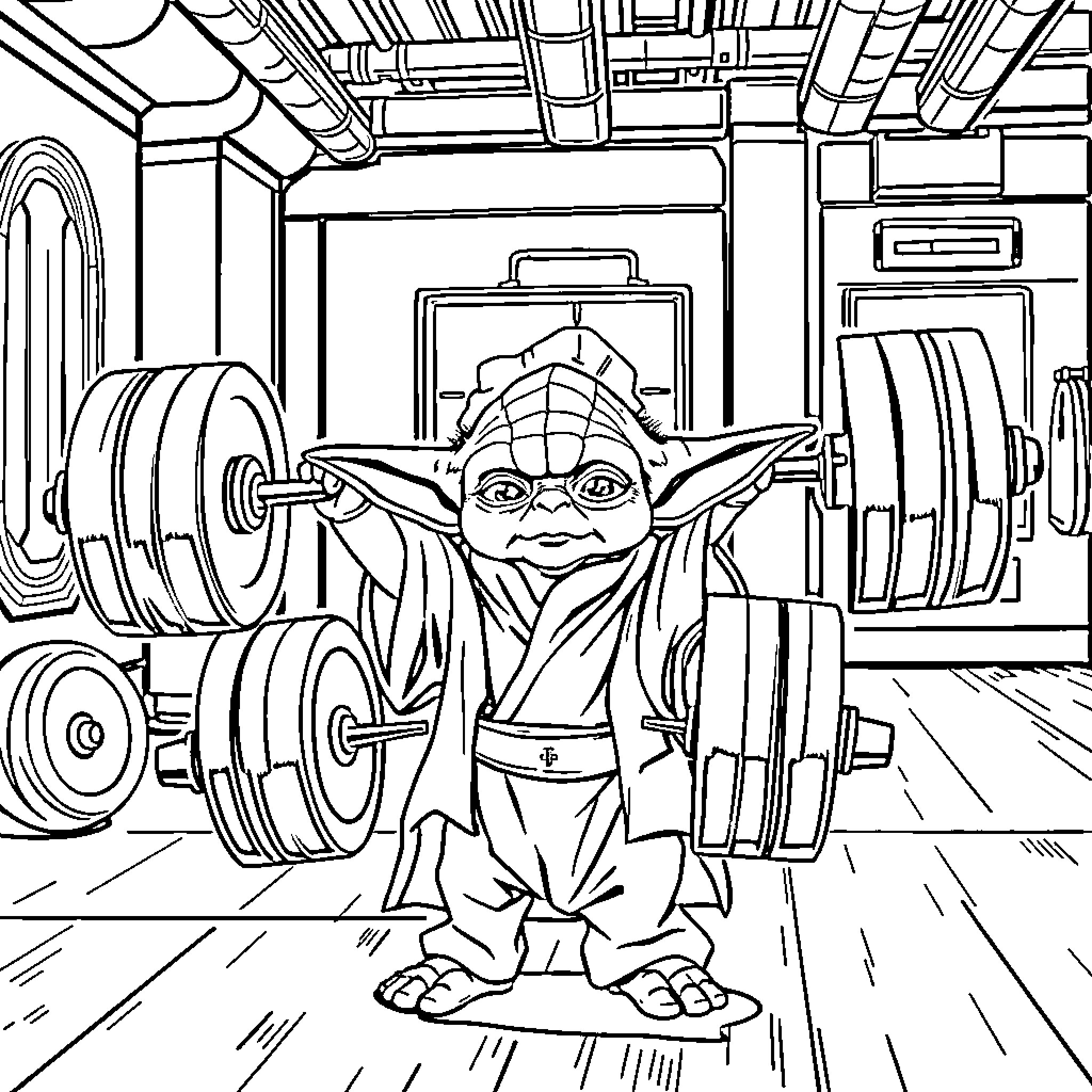Yoda lifting weights in the gym Coloring Page (free black-and-white line drawing printable PDF for all, from beginners to advanced learners, including children, teens, adults, and seniors)