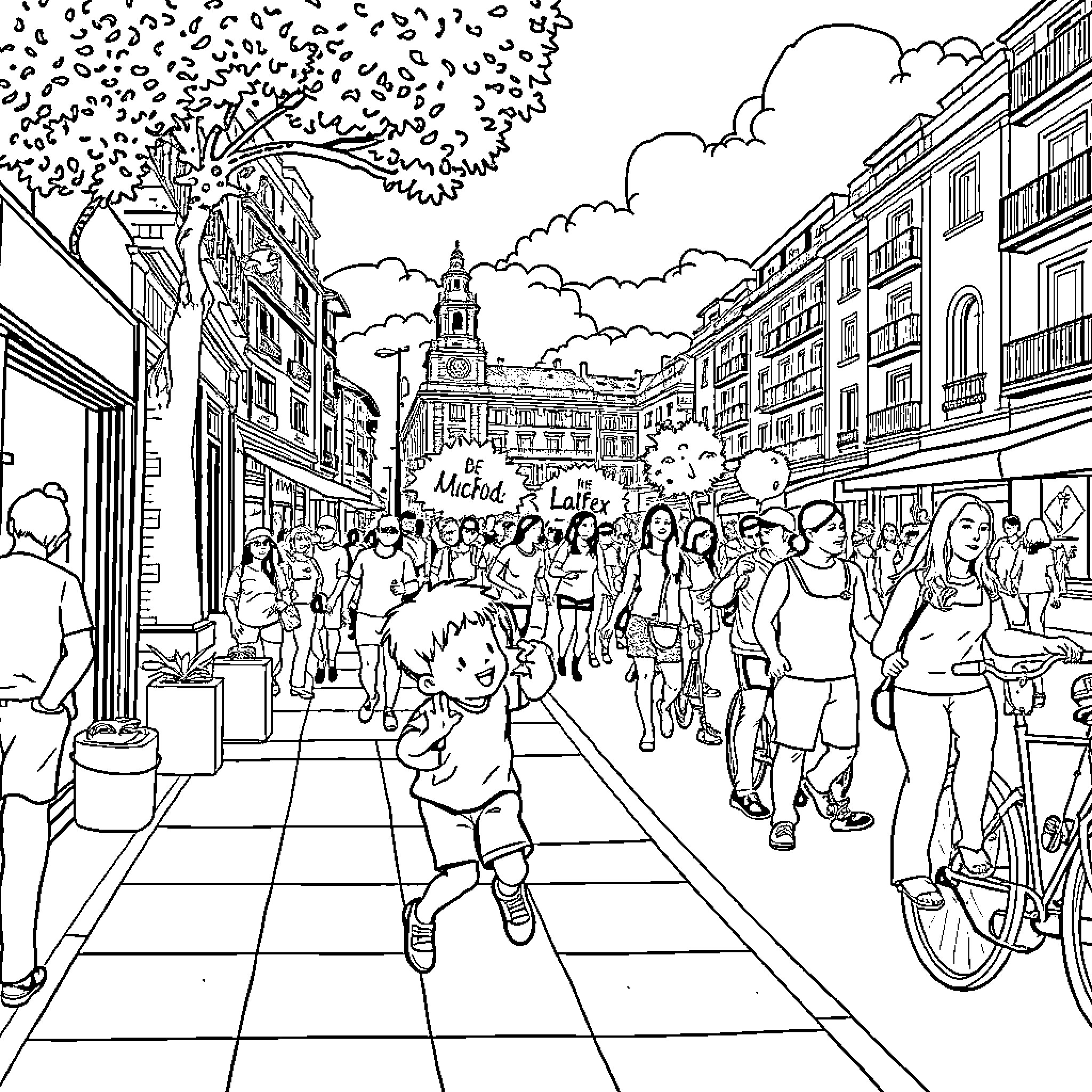 Niño exploring the lively urban street Coloring Page (free black-and-white line drawing printable PDF for all, from beginners to advanced learners, including children, teens, adults, and seniors)