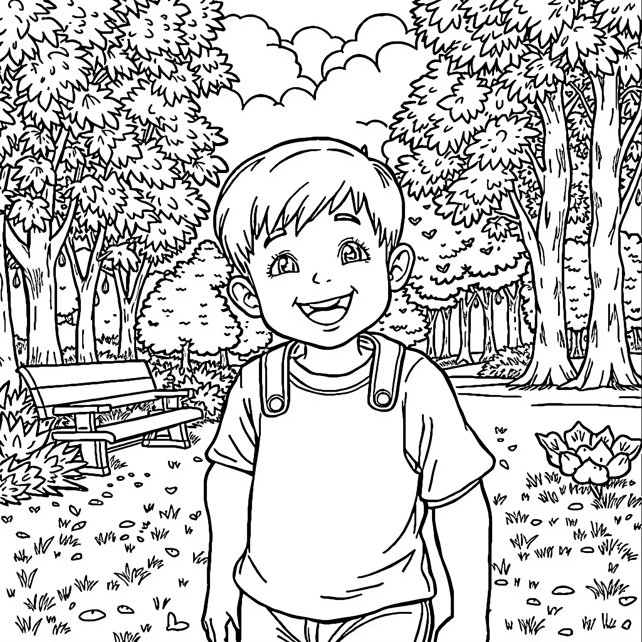 Boy enjoying the outdoors in a park Coloring Page (free black-and-white line drawing printable PDF for all, from beginners to advanced learners, including children, teens, adults, and seniors)