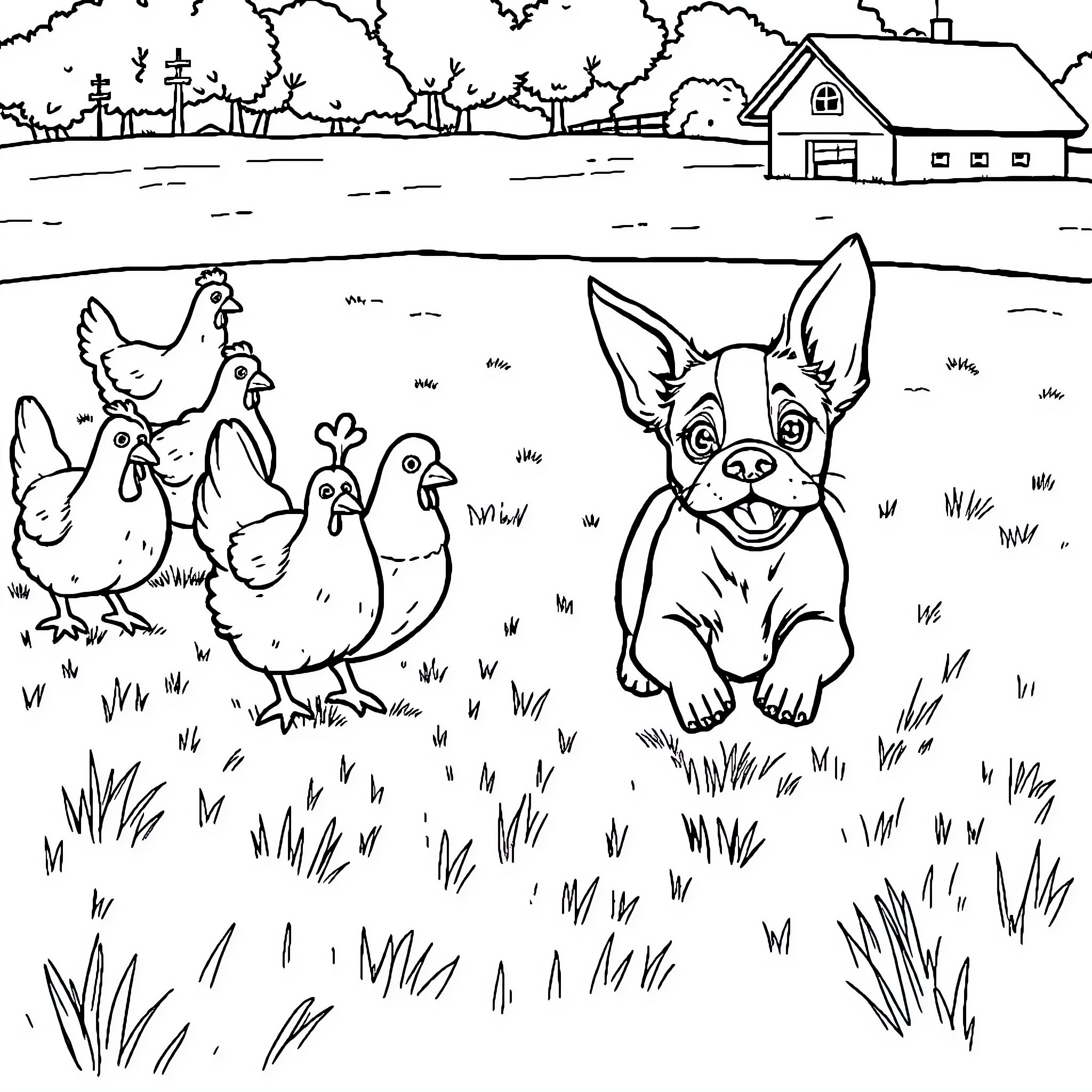 Puppy exploring the farmyard with chickens Coloring Page (free black-and-white line drawing printable PDF for all, from beginners to advanced learners, including children, teens, adults, and seniors)