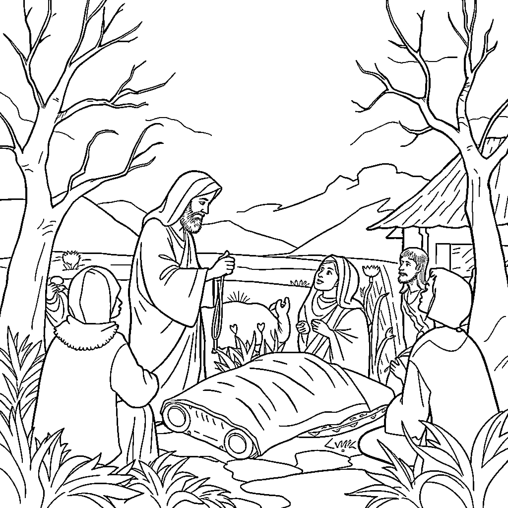 Luke Sharing Wisdom with Followers in Nature Coloring Page (free black-and-white line drawing printable PDF for all, from beginners to advanced learners, including children, teens, adults, and seniors)