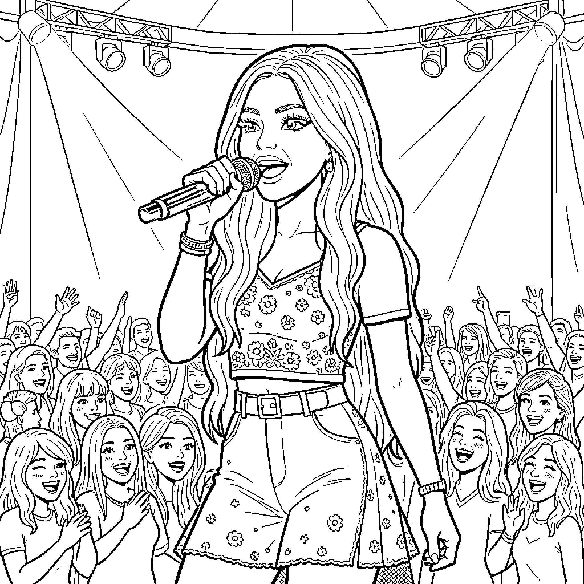 Ariana Grande singing into a microphone on stage Coloring Page (free black-and-white line drawing printable PDF for all, from beginners to advanced learners, including children, teens, adults, and seniors)