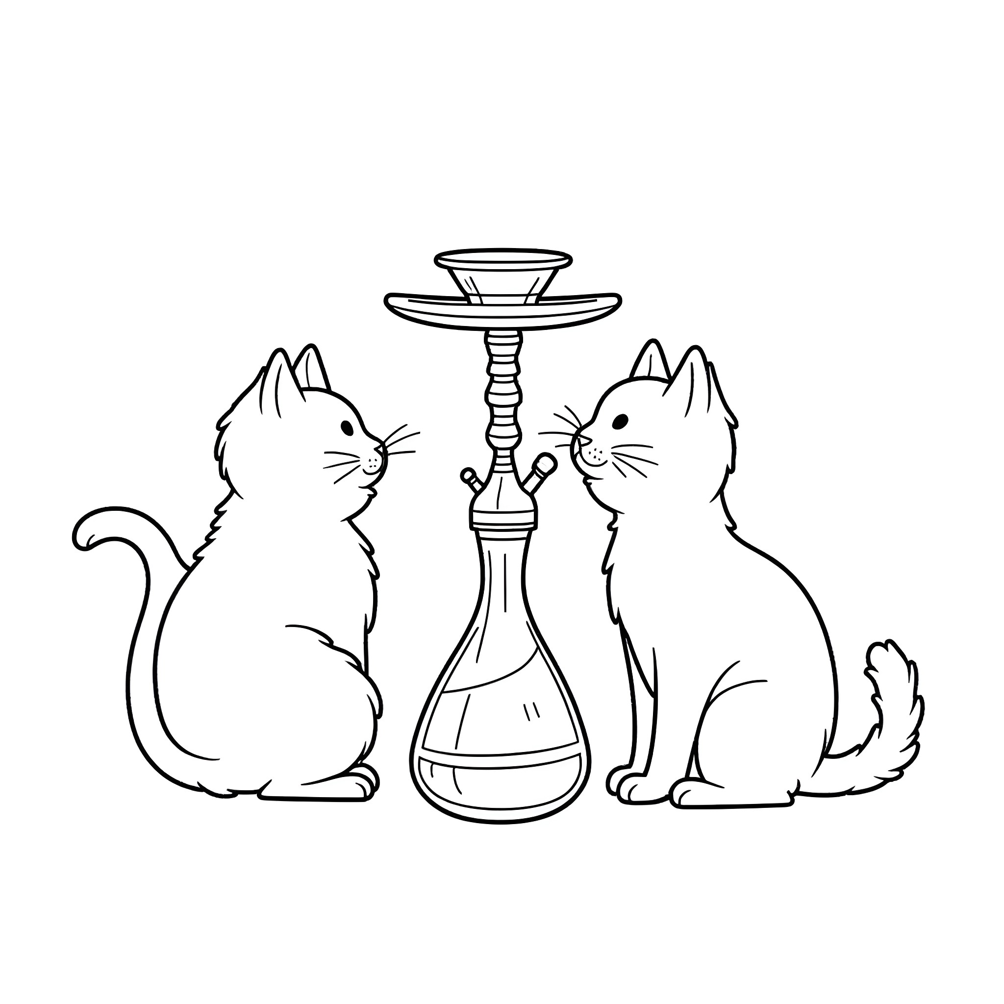 Hookah Cat Enjoying a Relaxing Smoke Coloring Page (free black-and-white line drawing printable PDF for all, from beginners to advanced learners, including children, teens, adults, and seniors)