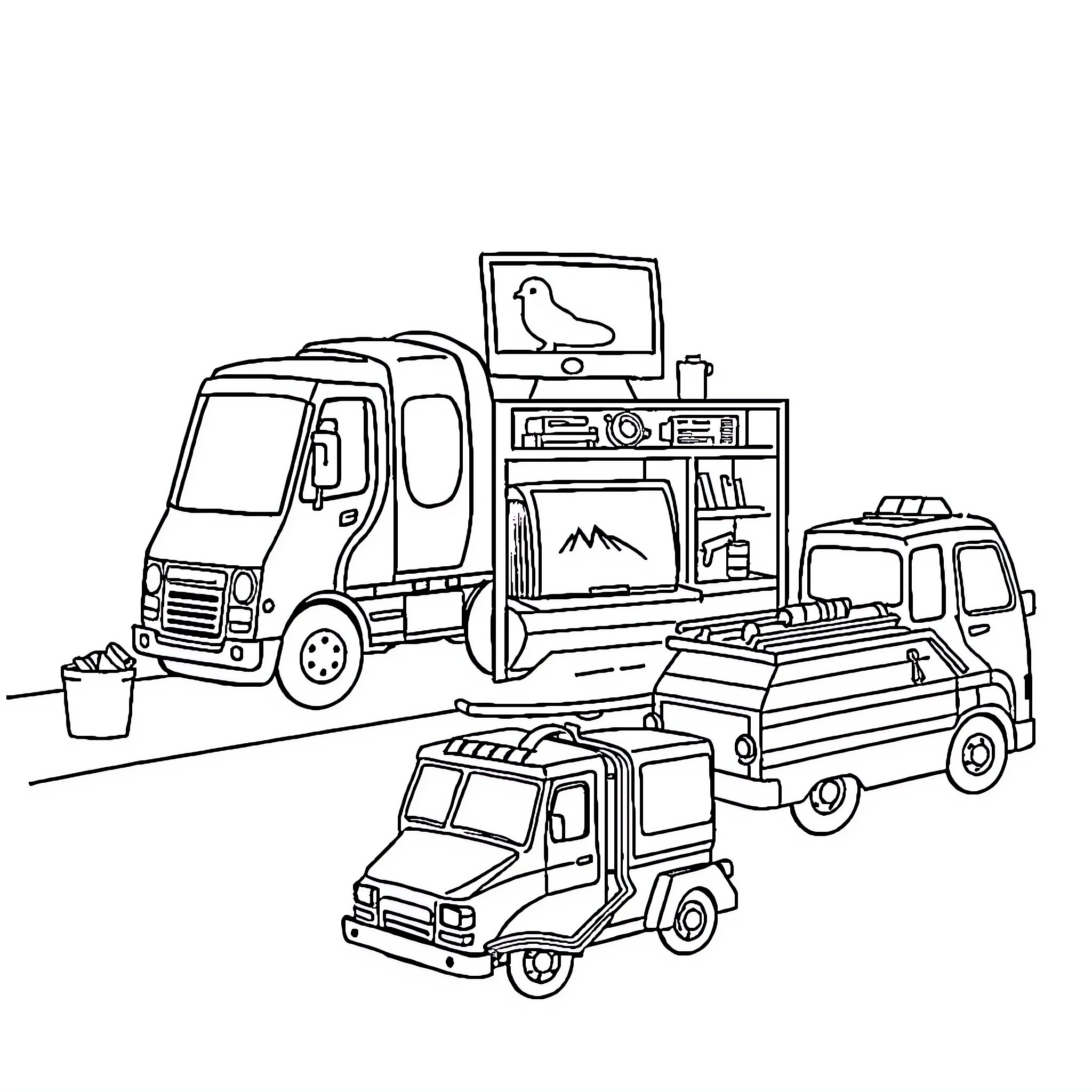 Vehicle transporting household items and furniture Coloring Page (free black-and-white line drawing printable PDF for all, from beginners to advanced learners, including children, teens, adults, and seniors)