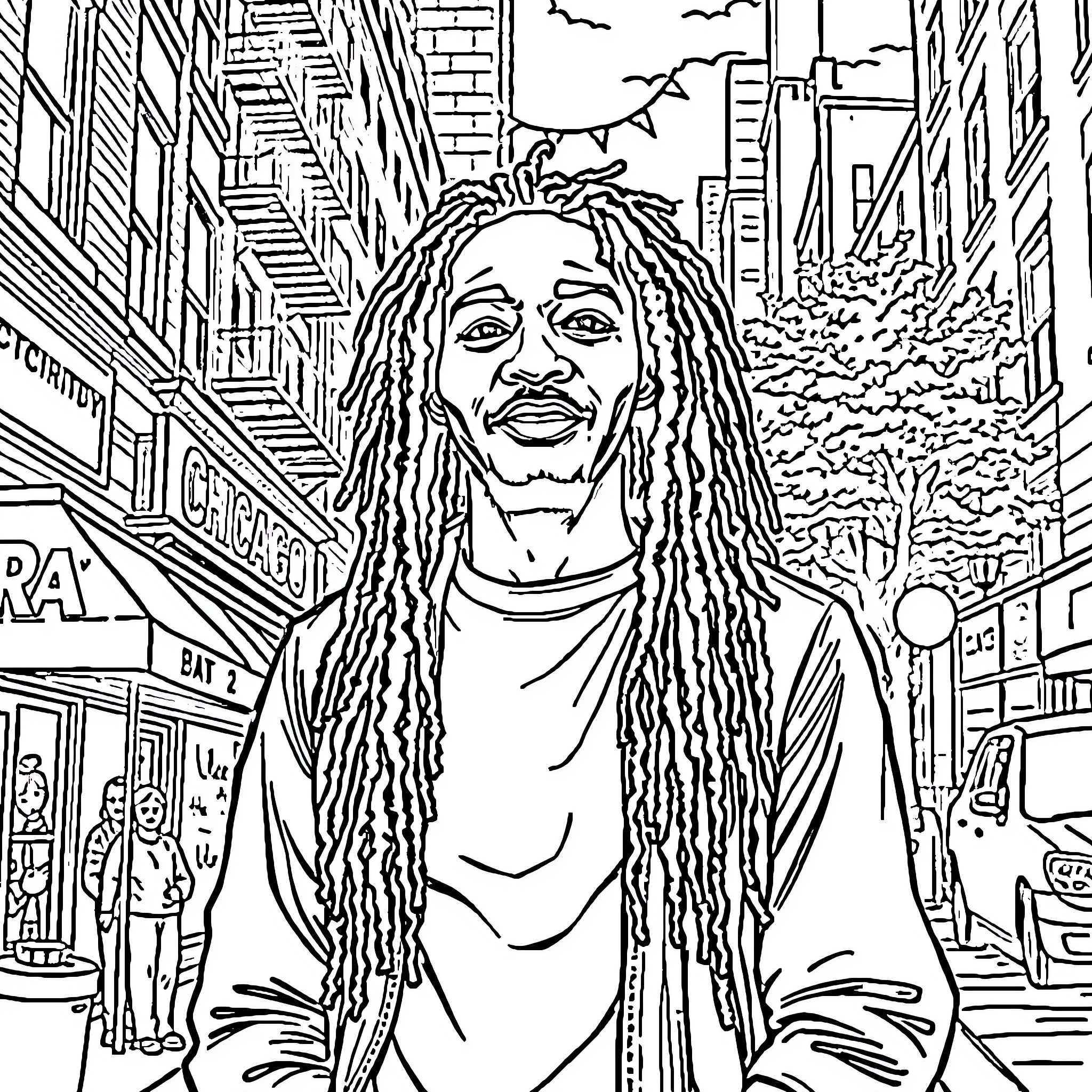 Content Creator on the Street with Dreadlocks Coloring Page (free black-and-white line drawing printable PDF for all, from beginners to advanced learners, including children, teens, adults, and seniors)