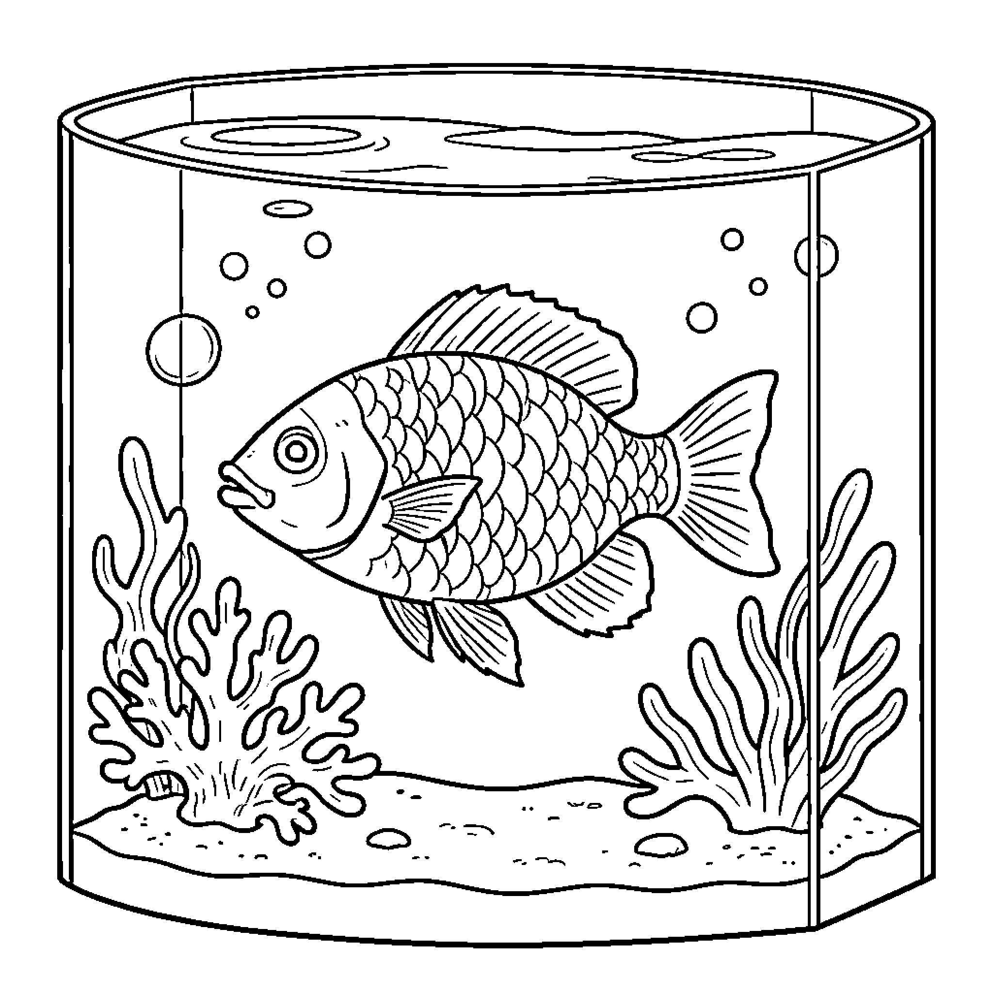 Fish swimming in aquarium Coloring Page (free black-and-white line drawing printable PDF for all, from beginners to advanced learners, including children, teens, adults, and seniors)