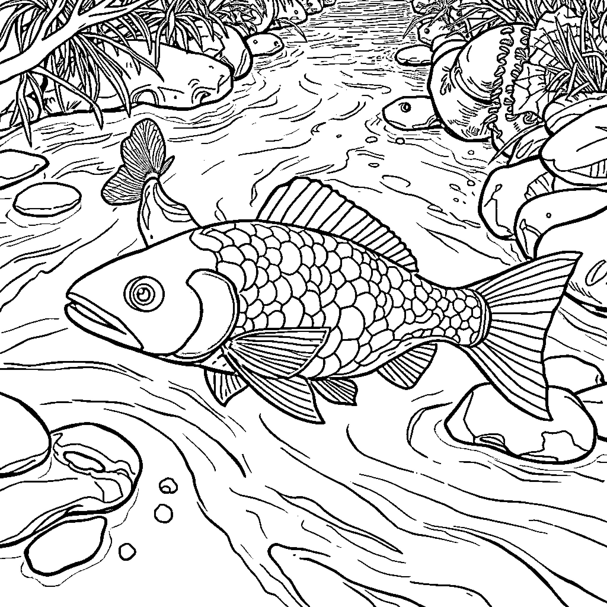 Fish swimming in tropical underwater scene Coloring Page (free black-and-white line drawing printable PDF for all, from beginners to advanced learners, including children, teens, adults, and seniors)