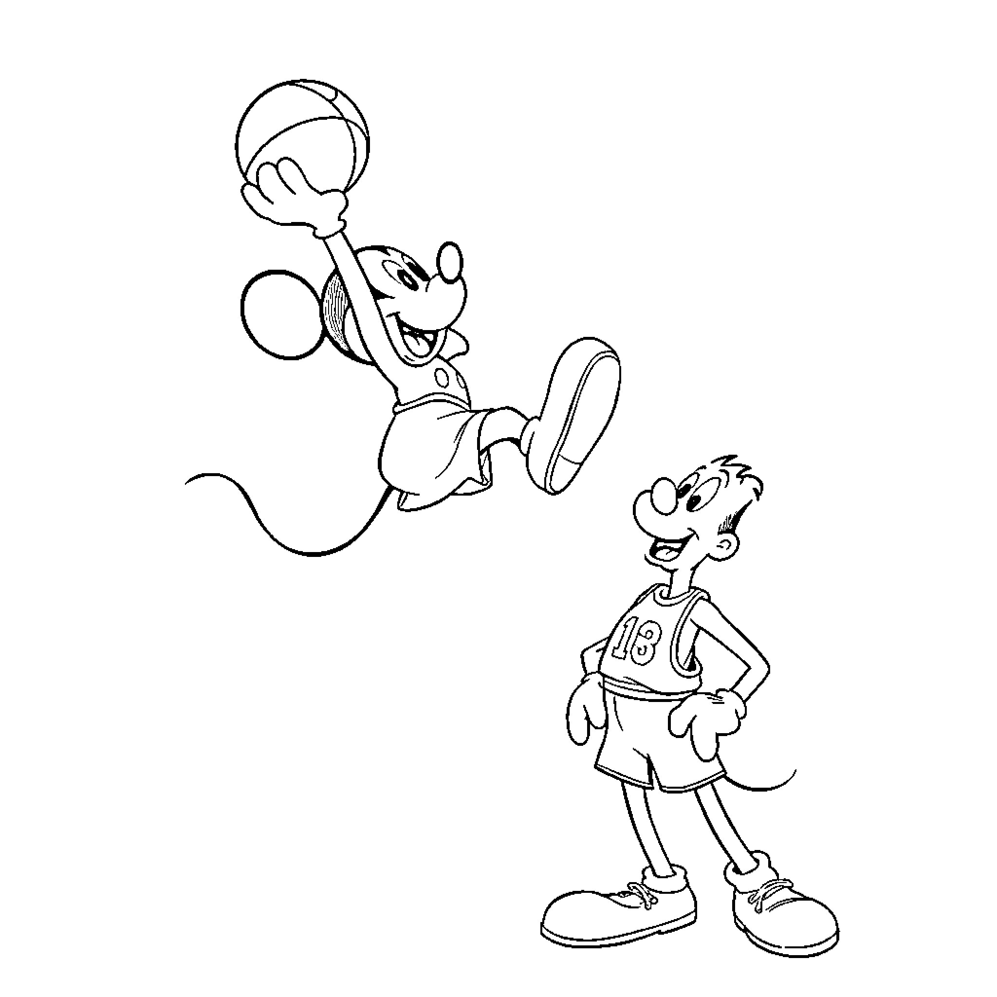 Mickey Mouse playing basketball with friend Coloring Page (free black-and-white line drawing printable PDF for all, from beginners to advanced learners, including children, teens, adults, and seniors)