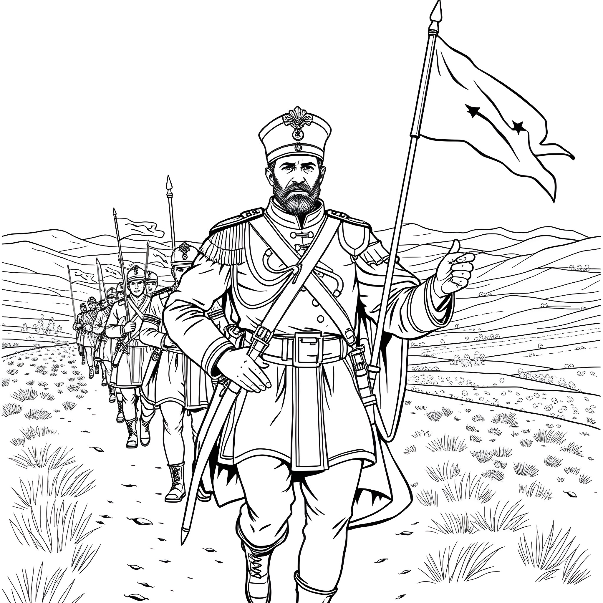 Mustafa Kemal Pasha leading soldiers on the battlefield Coloring Page (free black-and-white line drawing printable PDF for all, from beginners to advanced learners, including children, teens, adults, and seniors)