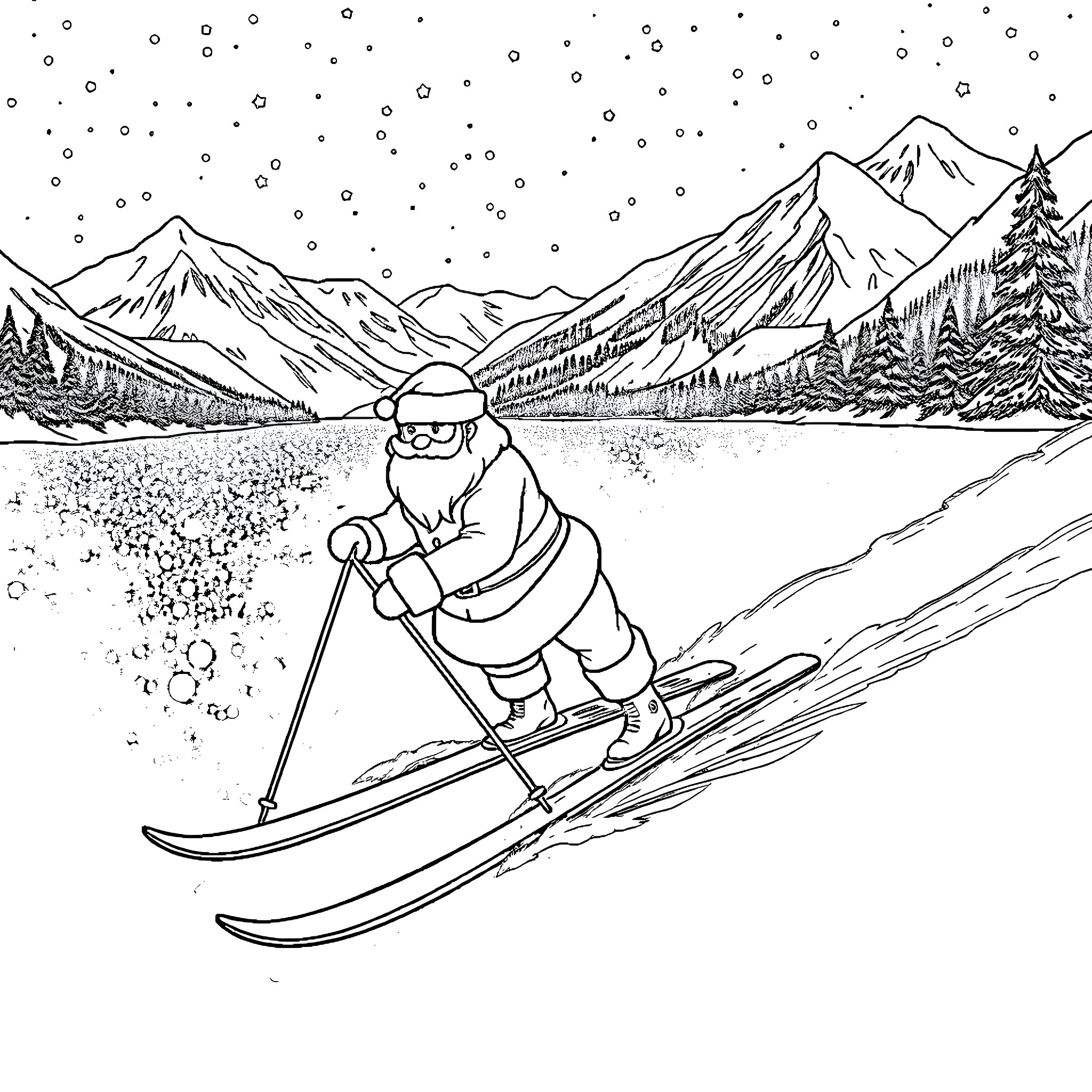 Santa skiing down the snowy mountain Coloring Page (free black-and-white line drawing printable PDF for all, from beginners to advanced learners, including children, teens, adults, and seniors)