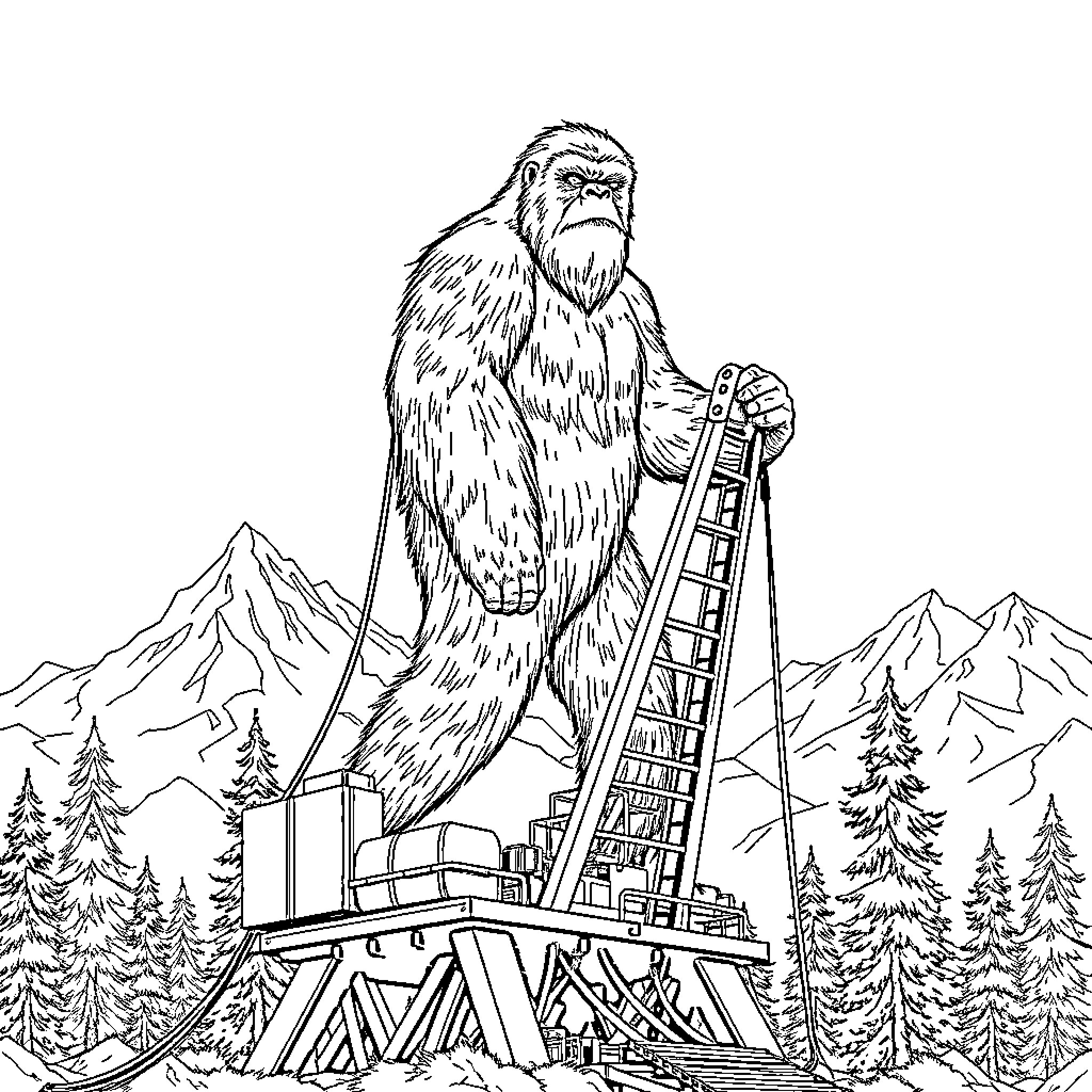 Sasquatch overlooking a rugged mountain landscape Coloring Page (free black-and-white line drawing printable PDF for all, from beginners to advanced learners, including children, teens, adults, and seniors)
