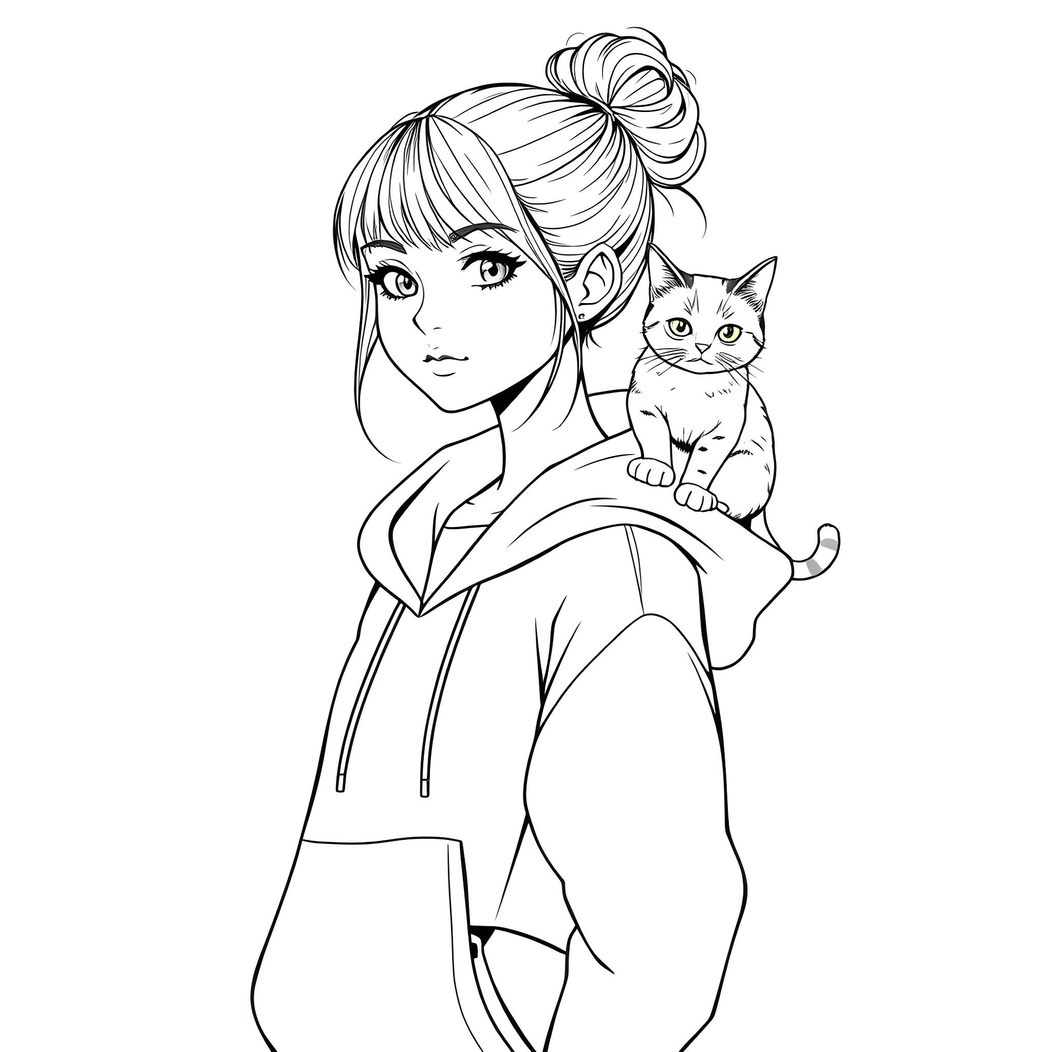 Teen Girl Carrying a Kitten Affectionately Coloring Page (free black-and-white line drawing printable PDF for all, from beginners to advanced learners, including children, teens, adults, and seniors)
