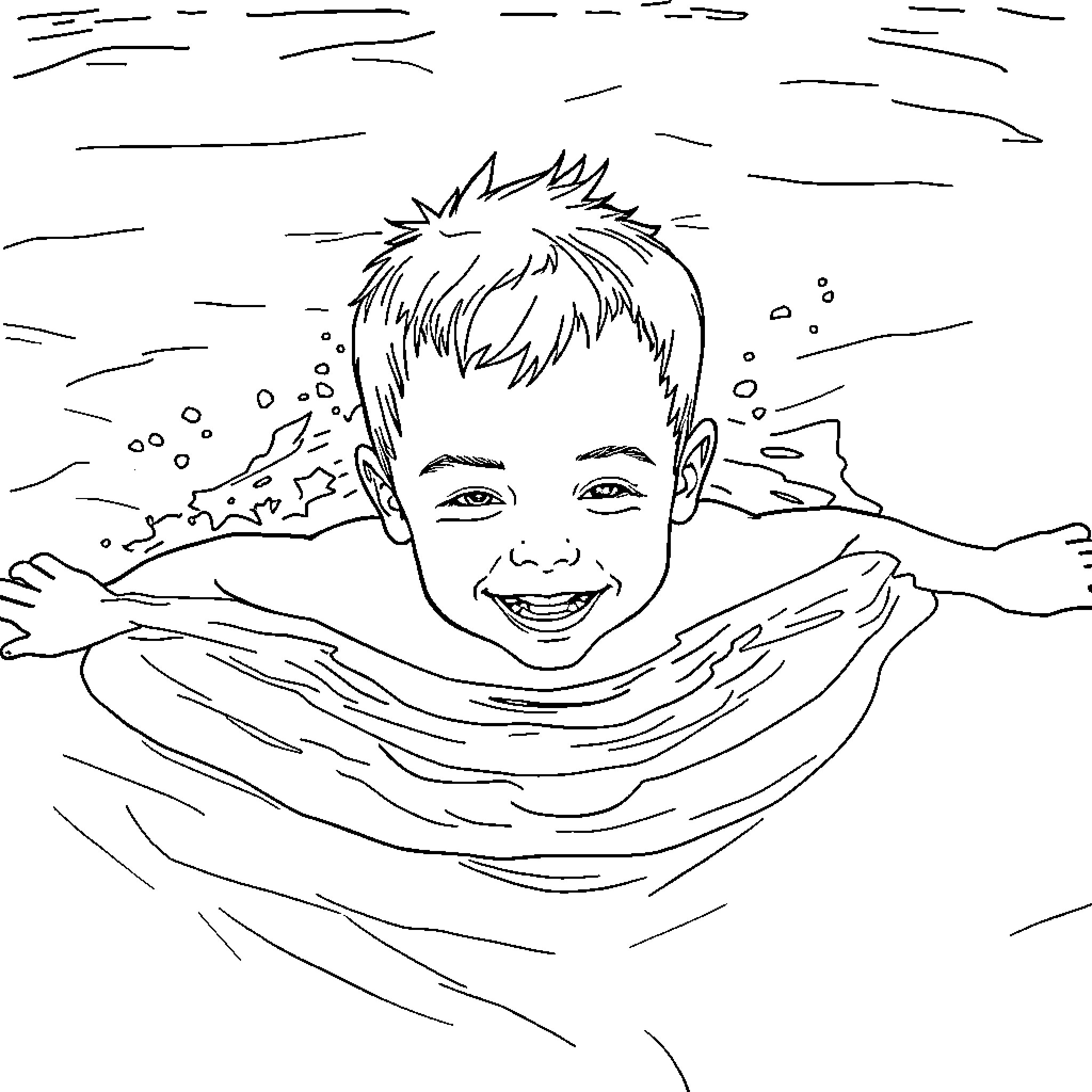 Boy swimming happily in the water Coloring Page (free black-and-white line drawing printable PDF for all, from beginners to advanced learners, including children, teens, adults, and seniors)
