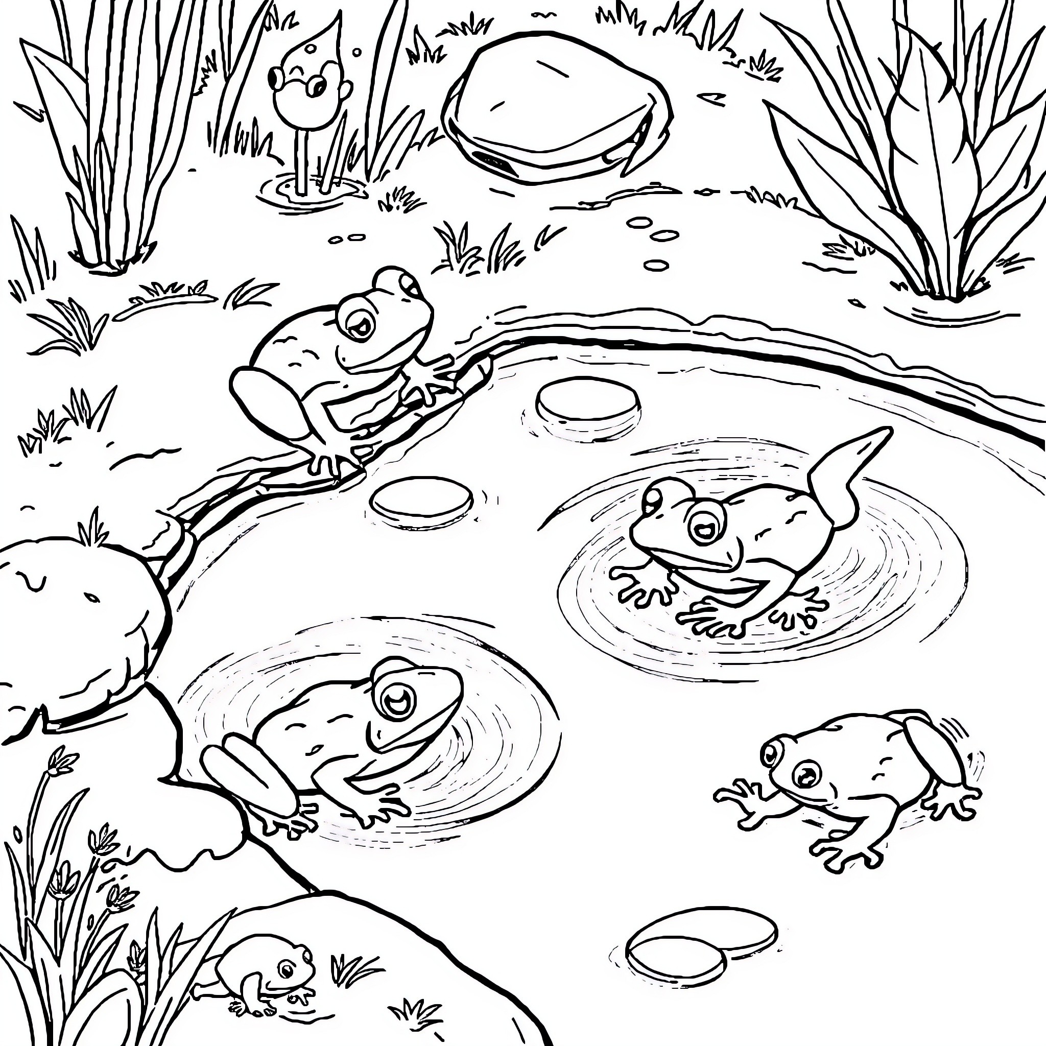 Frogs playing and resting in a pond Coloring Page (free black-and-white line drawing printable PDF for all, from beginners to advanced learners, including children, teens, adults, and seniors)